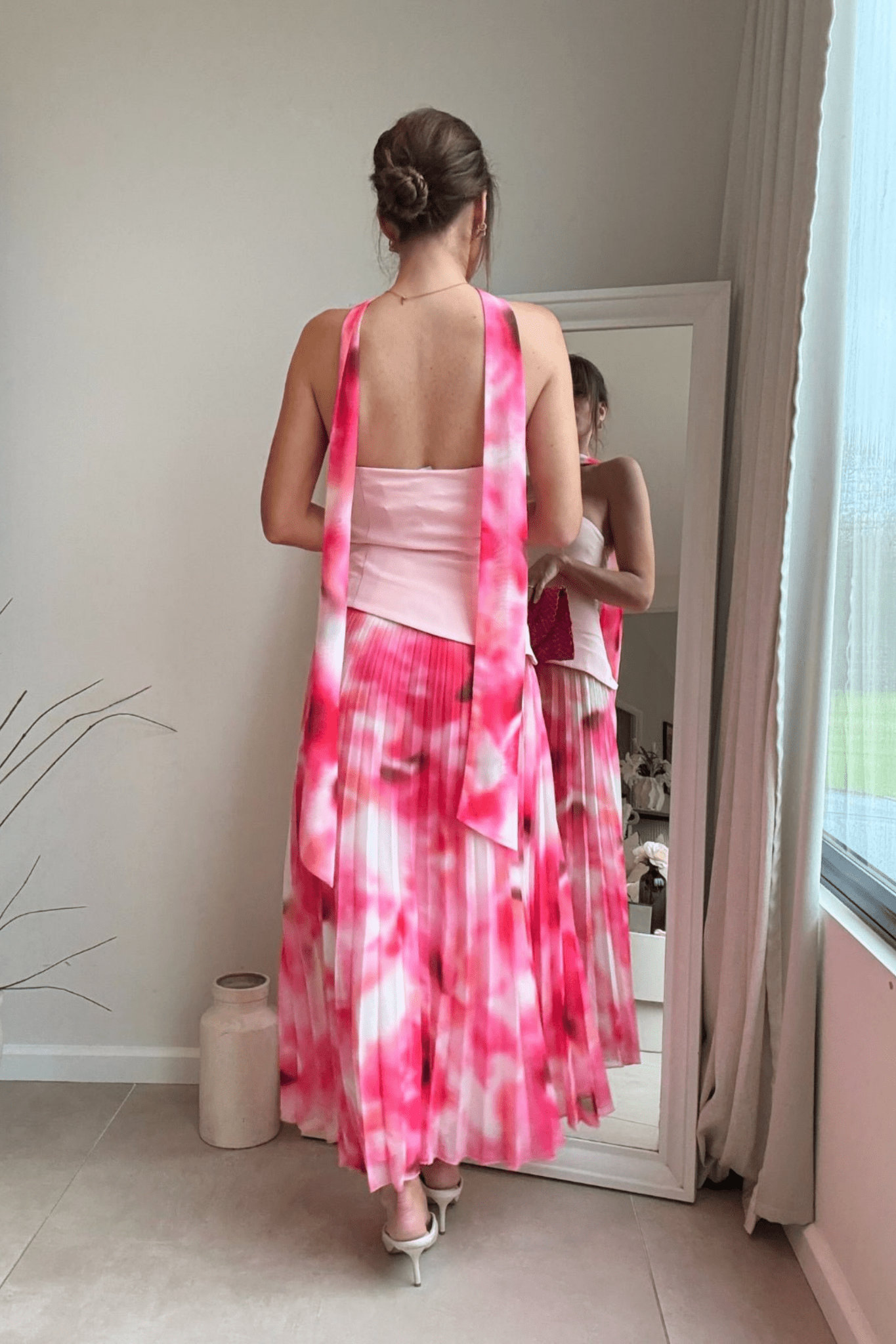 Viola Scarf Bandeau Pleat Dress in Pink - Style Cheat