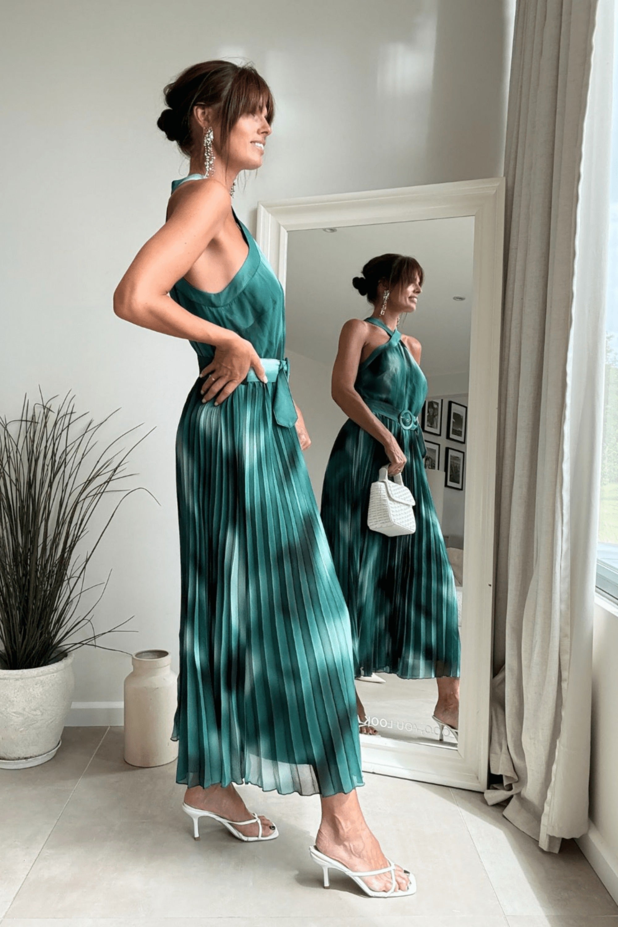 Green Floral Halter Dress | Paige Pleated Belted Dress  Style Cheat