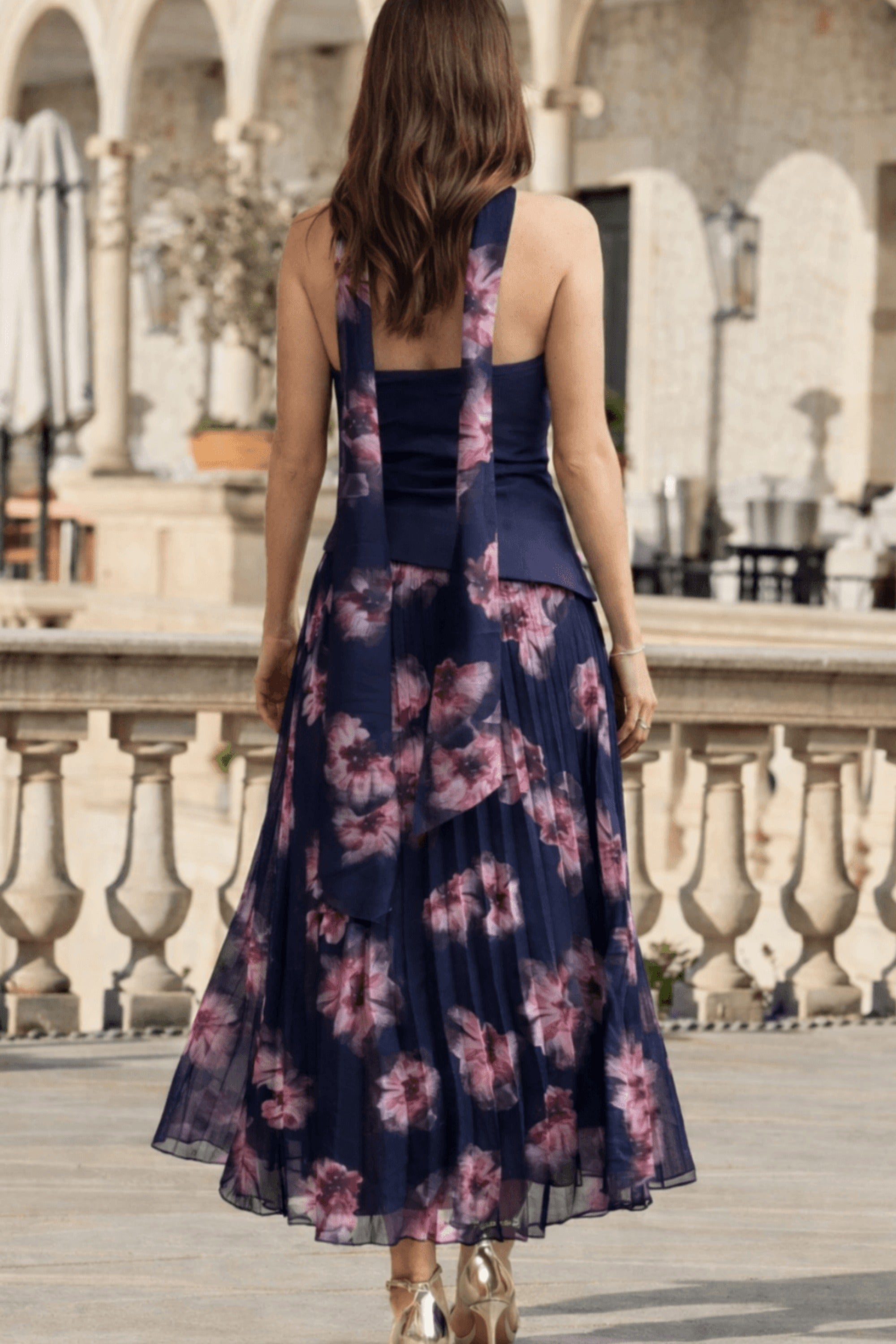 Viola Scarf Bandeau Pleat Dress in Navy - Style Cheat