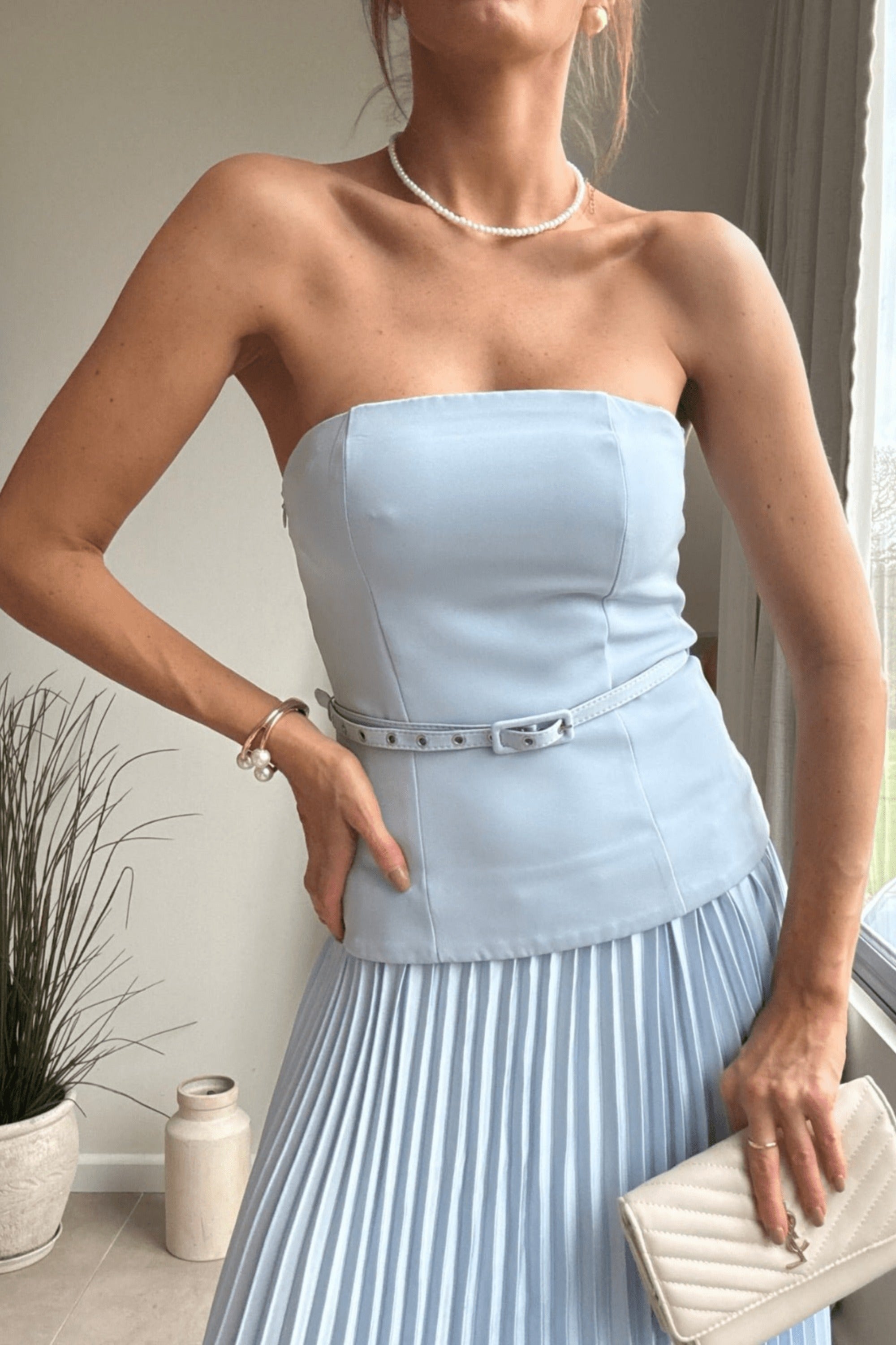 Anna Bandeau Pleat Dress in Baby Blue - Style Cheat