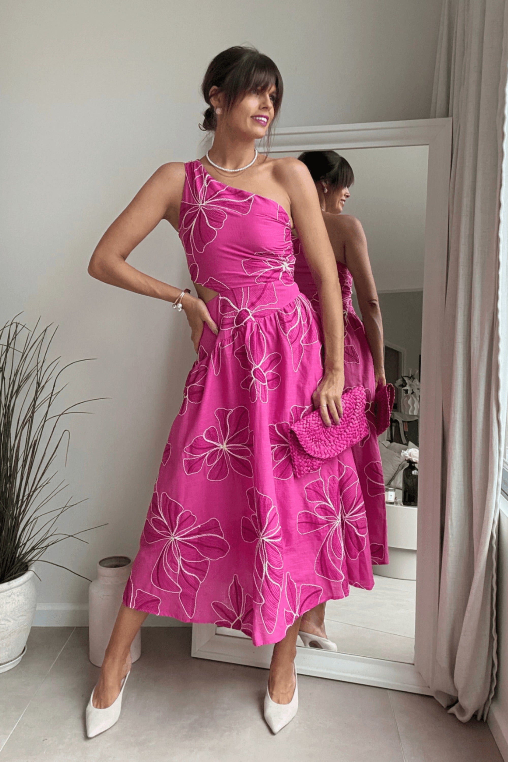 Jasmine Cut Out One Shoulder Dress in Pink Floral - Style Cheat