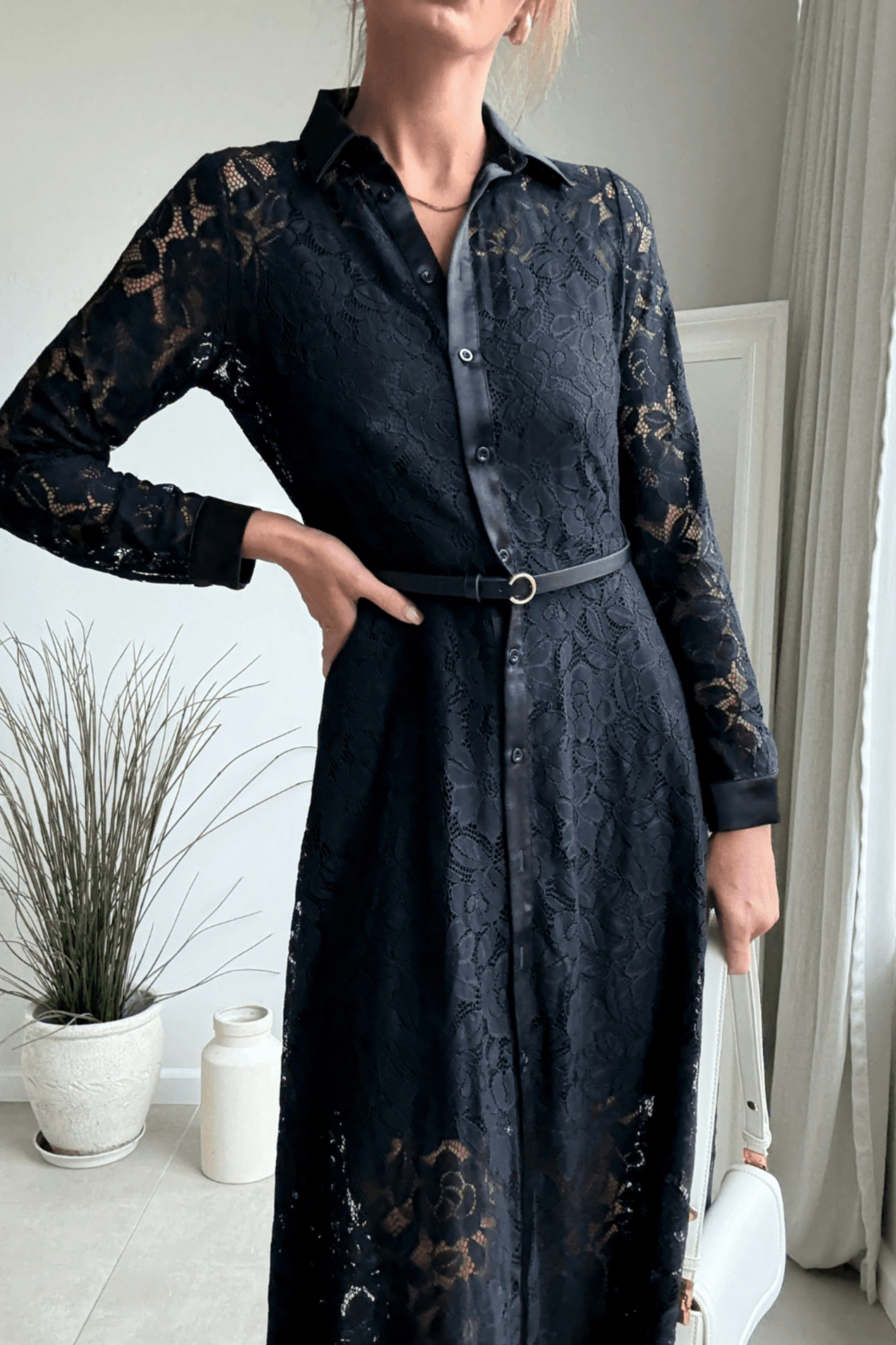 Daphne Belted Shirt Dress / Black Lace - Style Cheat