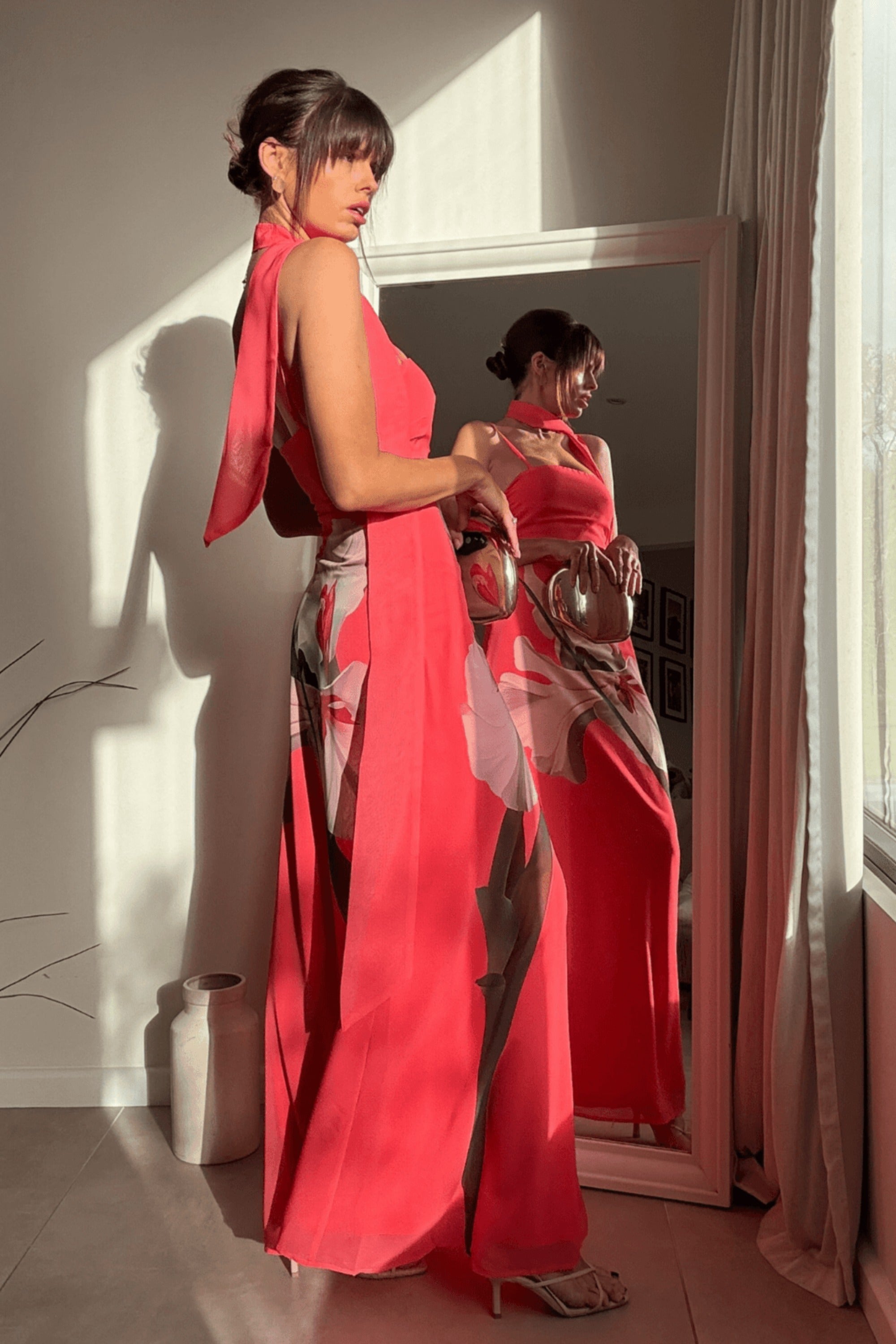 Peony Soft Chiffon Maxi Dress with Scarf in Pink - Style Cheat