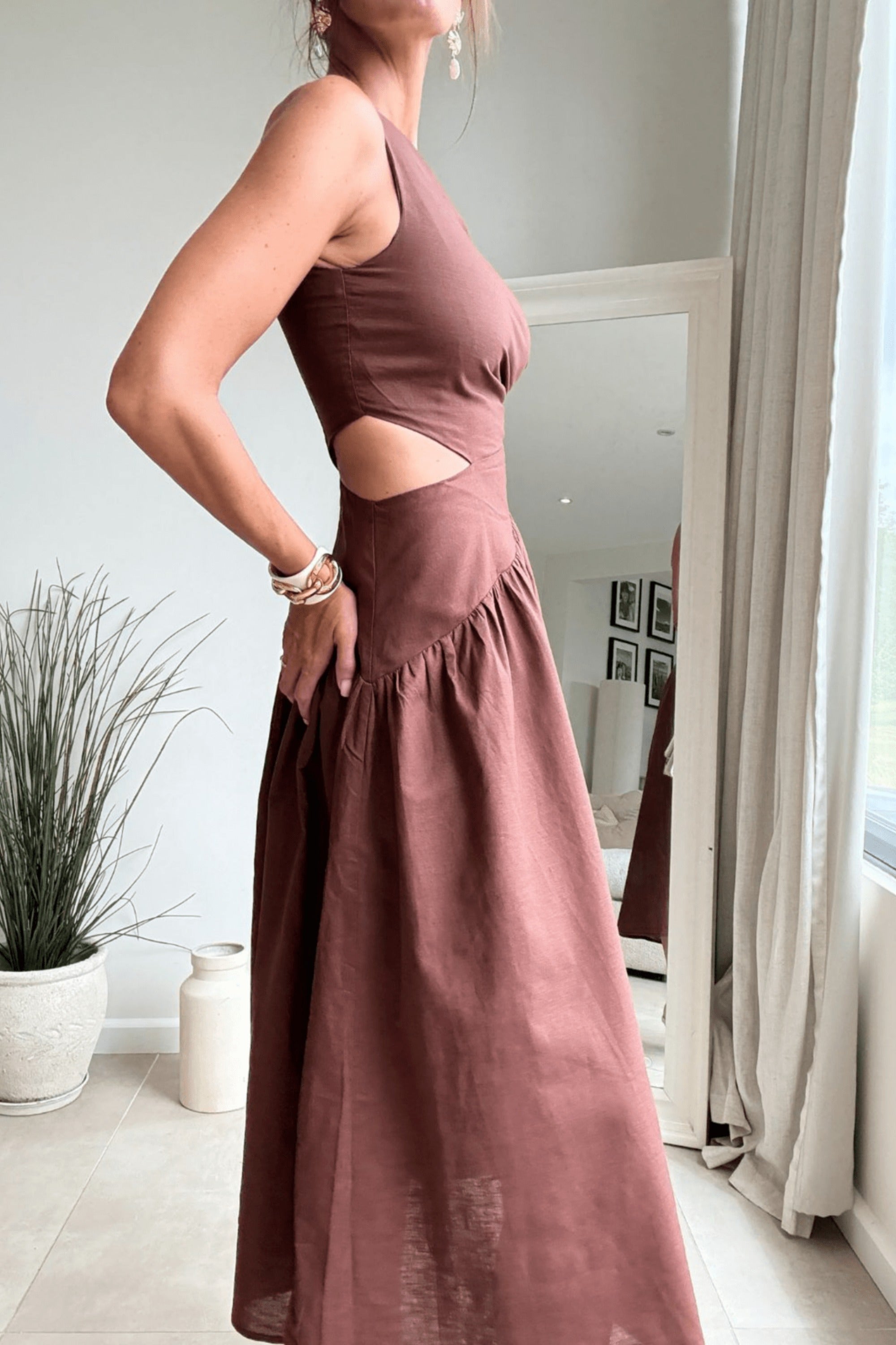 Jasmine Cut Out One Shoulder Dress in Chocolate Brown - Style Cheat