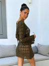 Crochet Beach Dress | Ocean Long Sleeve Mini Dress in Khaki