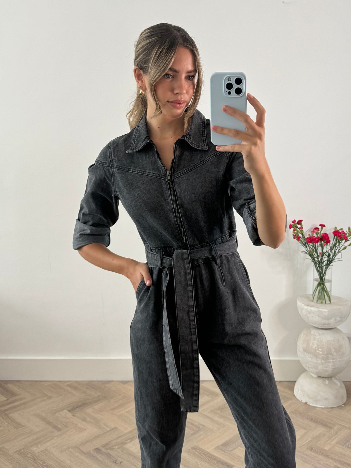 Black Denim Jumpsuit | Enya Jumpsuit in Washed Black