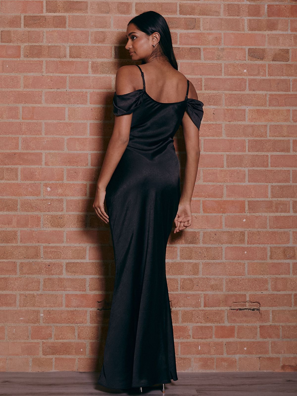 Felicity Cold Shoulder Satin Maxi Dress / Black