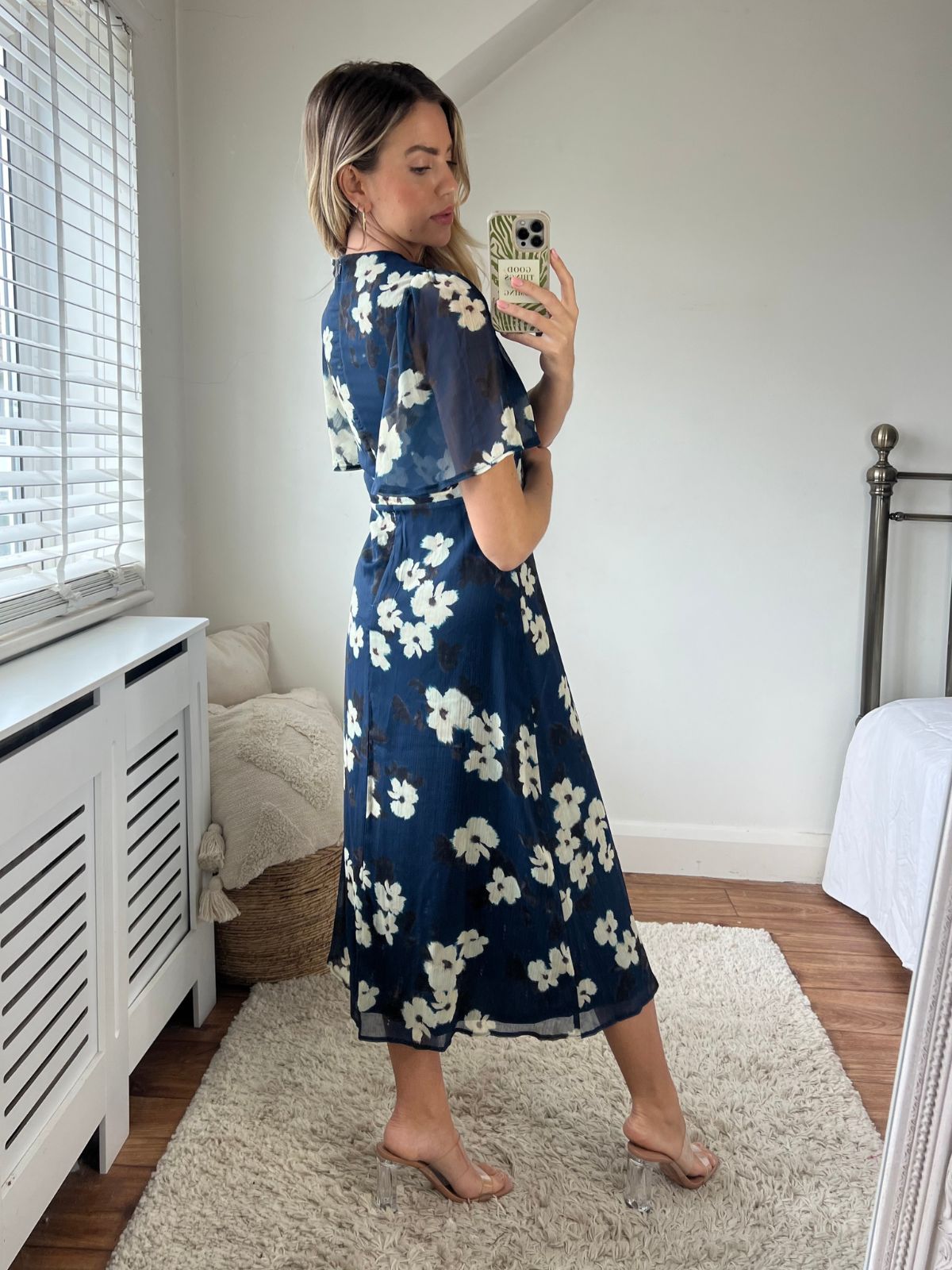 Angel Sleeve Floral Dress | Grace Midi Dress in Navy & Beige Floral
