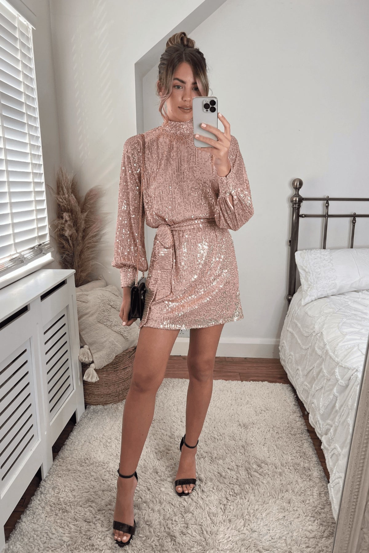 Hannah Sequin High Neck Mini Dress / Rose Gold