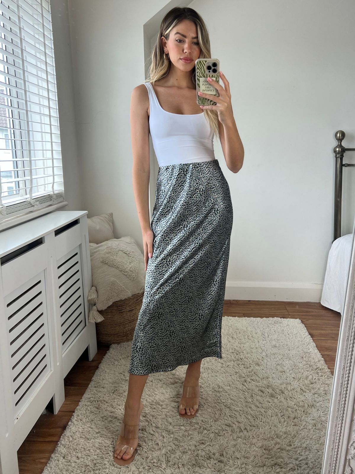 Animal Print Satin Skirt | Cara Slip Skirt in Grey Animal