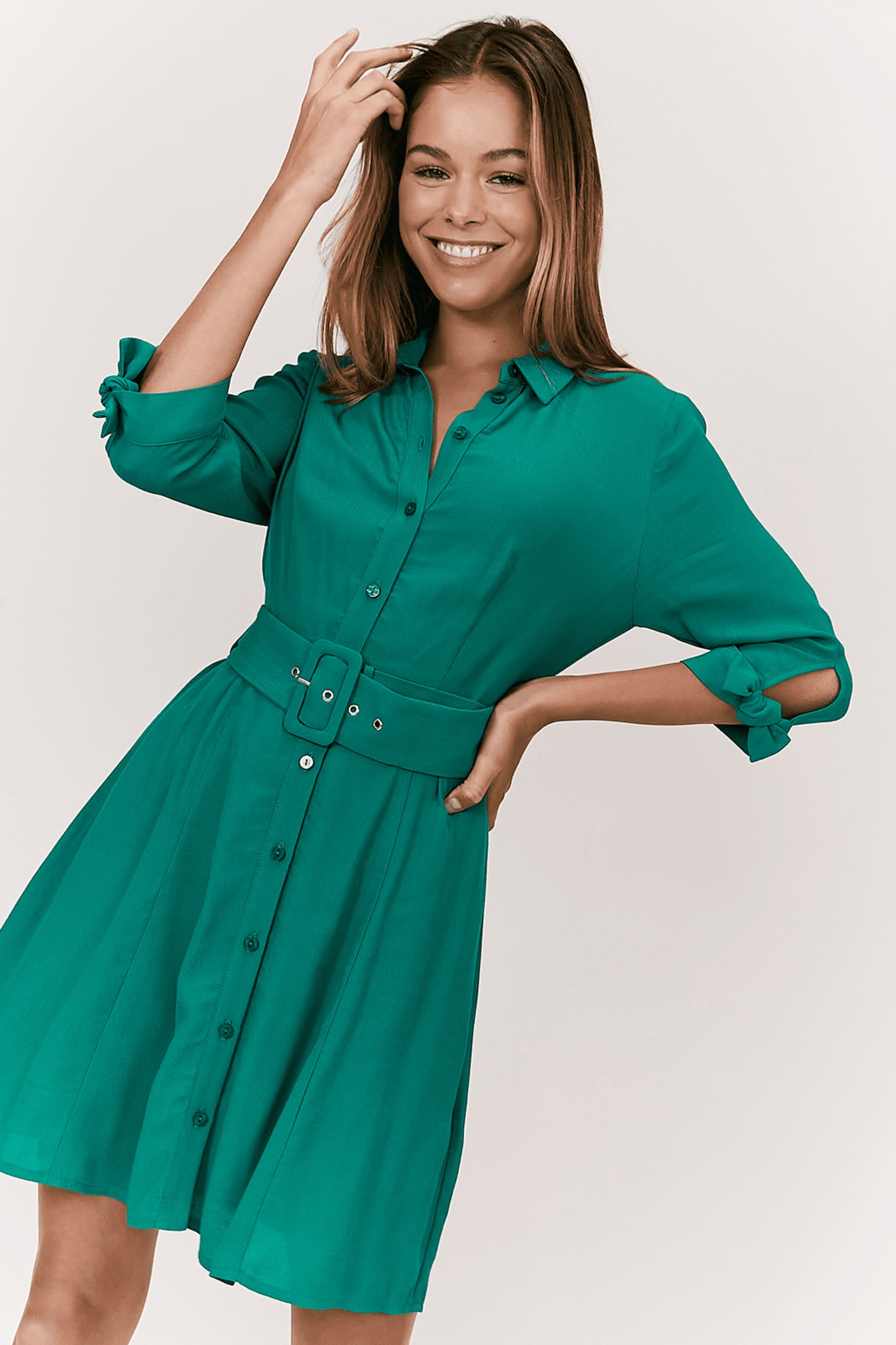 Olivia Mini Belted Shirt Dress / Green - Style Cheat