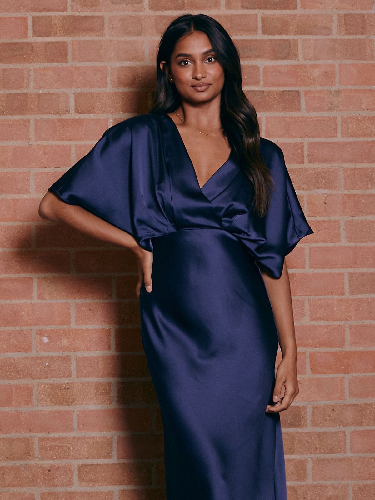 Angel Sleeve Maxi Satin Dress Navy – Style Cheat - Main Image