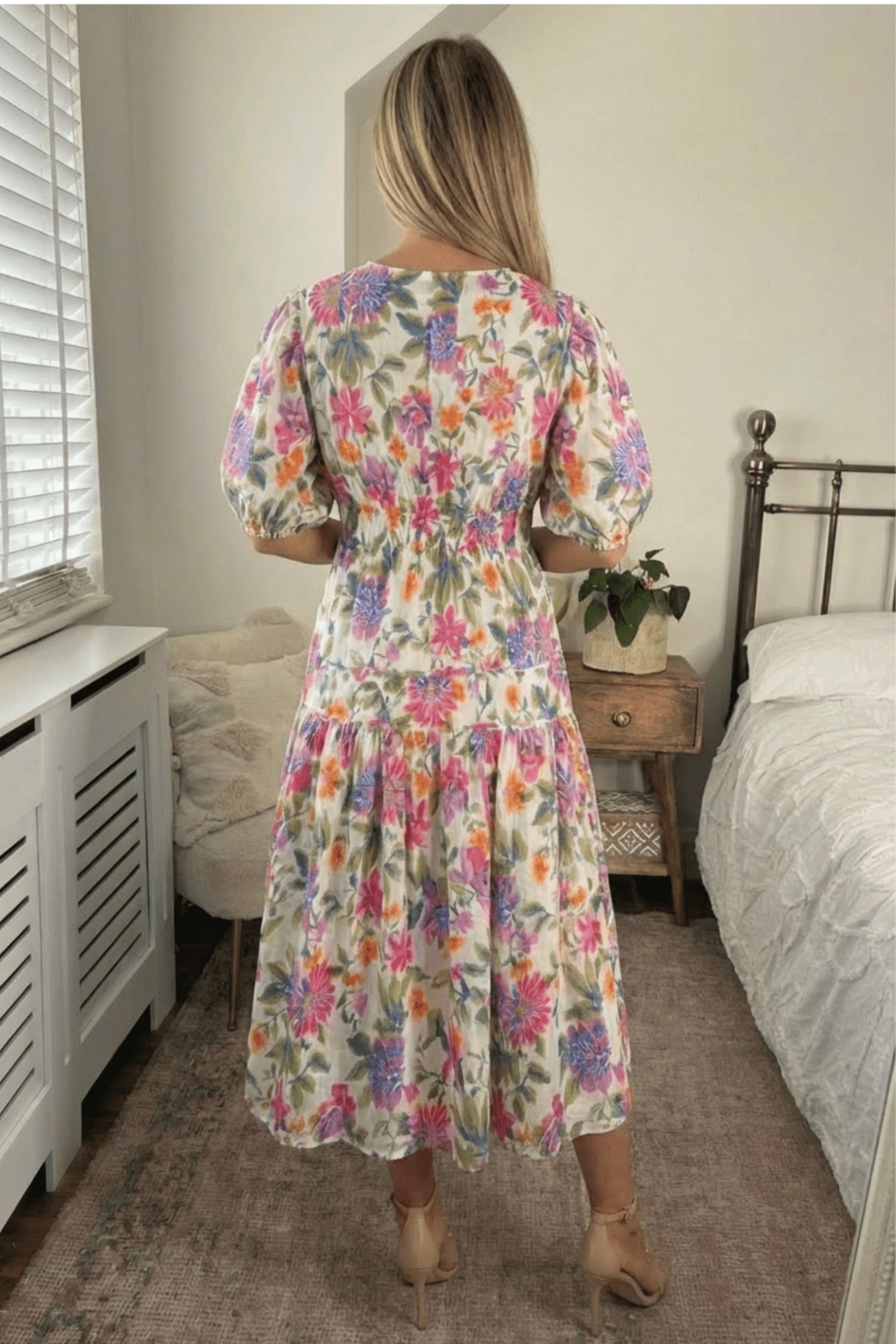 Puff Sleeve V Neck Midi Dress - Style Cheat