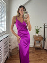 Purple Satin Midi Dress | Vera Drape Dress in Purple