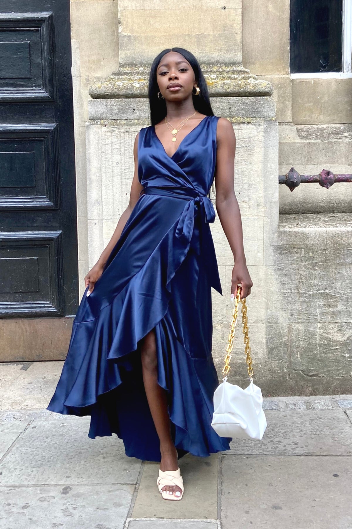 Orla Navy Satin Wrap Midi Dress