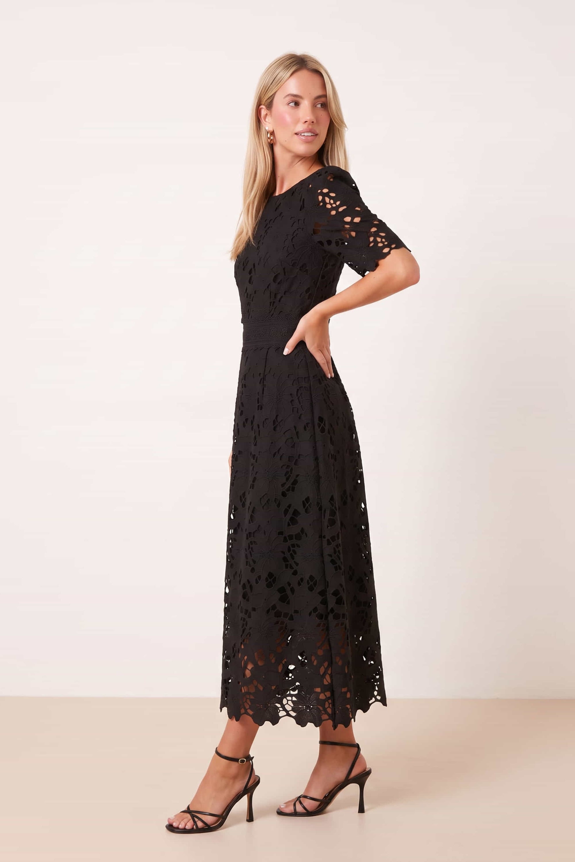 Black Broderie Lace Midi Dress