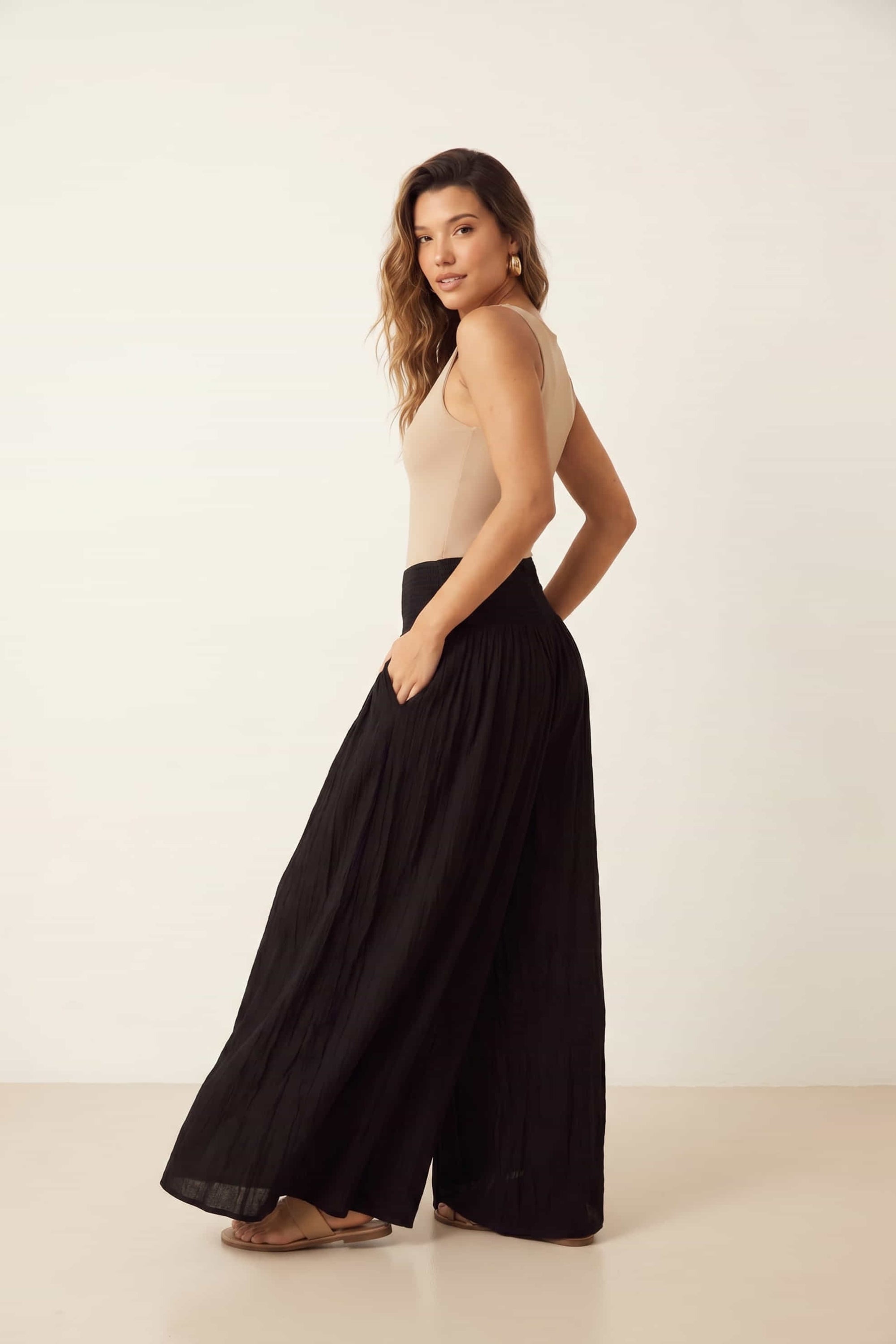 Black Shirred Plain Trouser