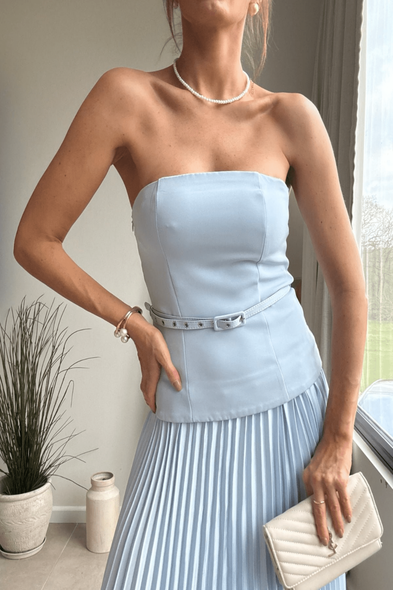 Anna Bandeau Pleat Dress in Baby Blue - Style Cheat