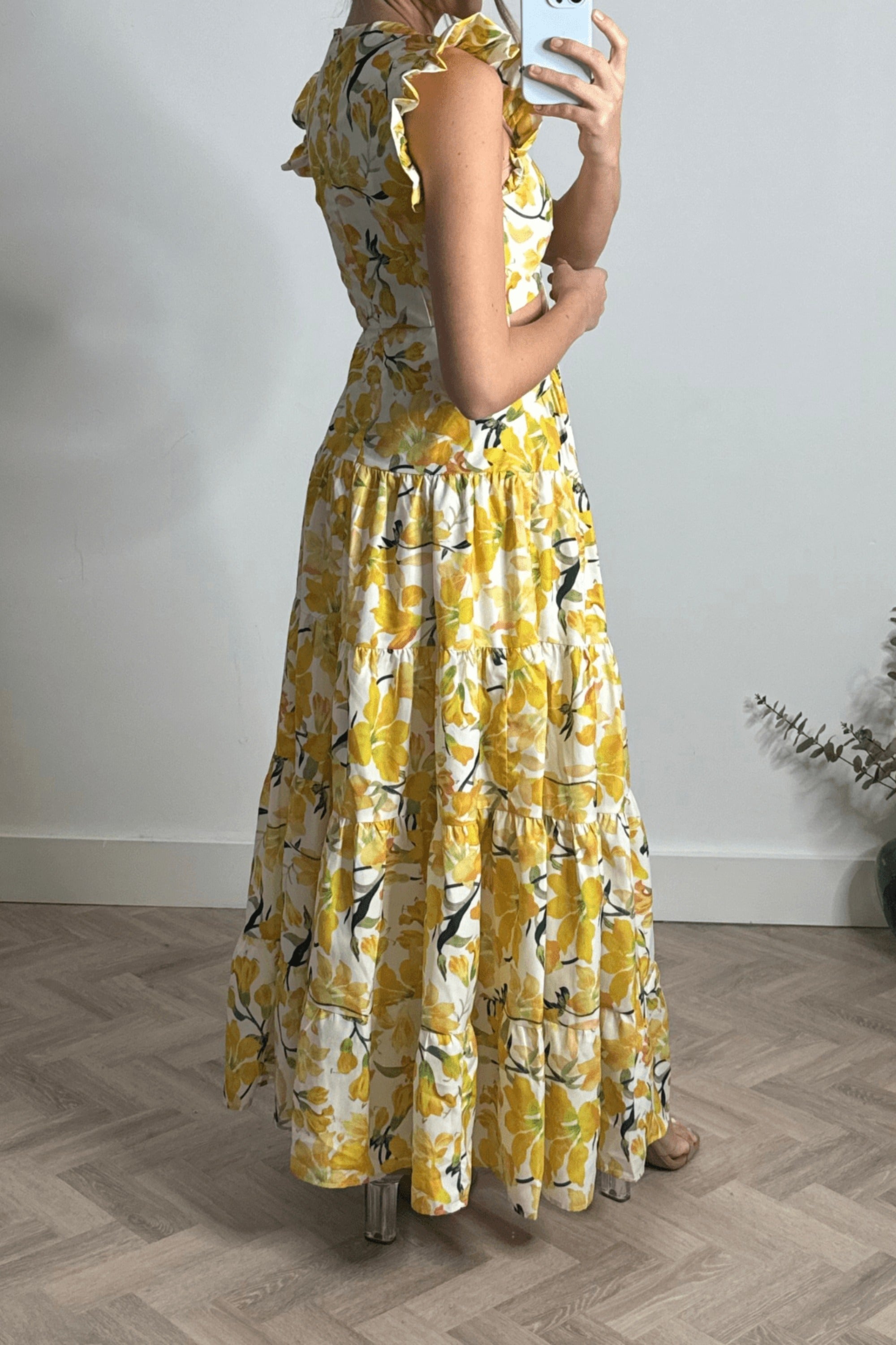 Indie Cut Out Frill Maxi Dress in Lemon Floral - Style Cheat