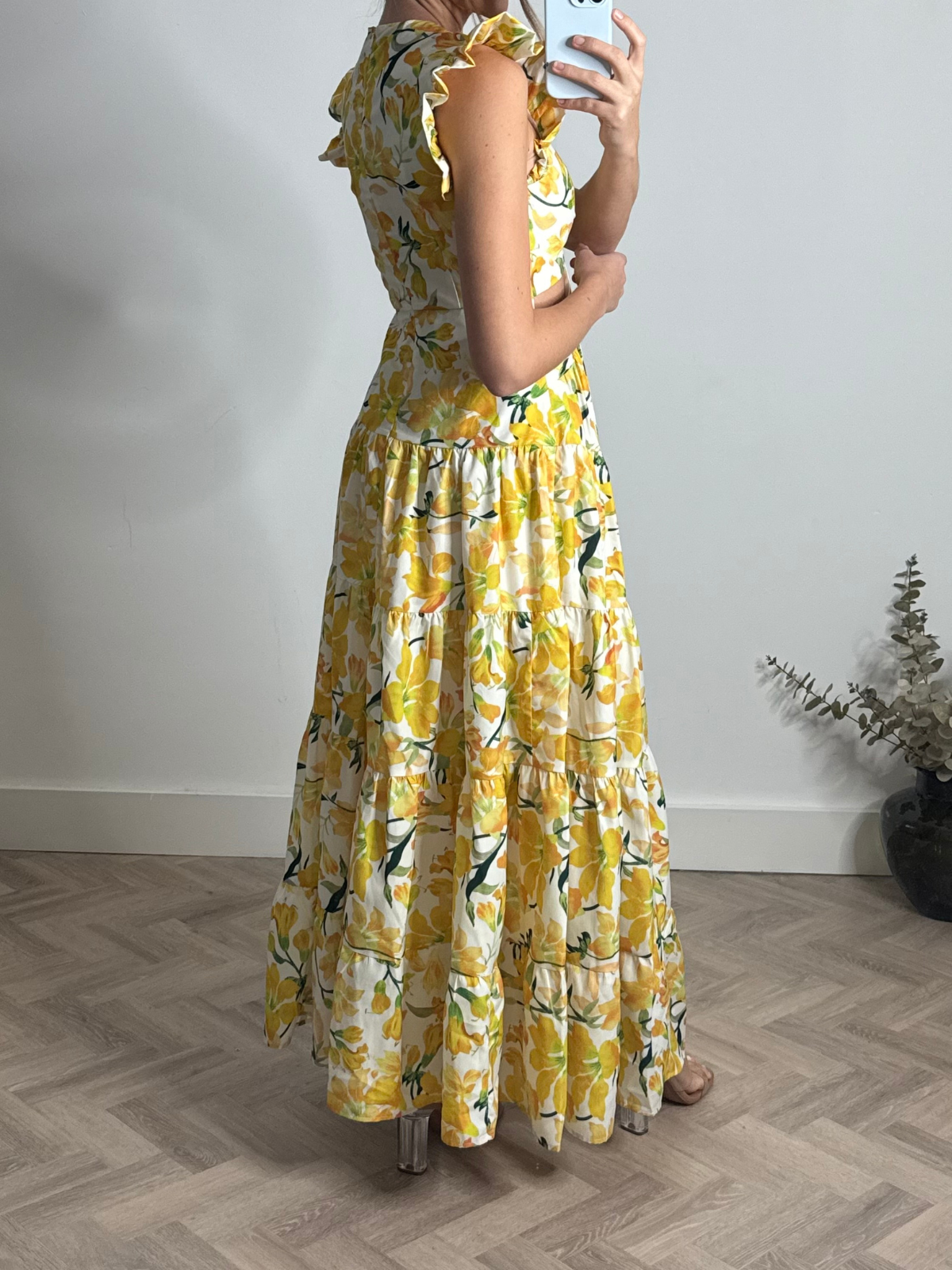 Indie Cut Out Frill Maxi Dress in Lemon Floral