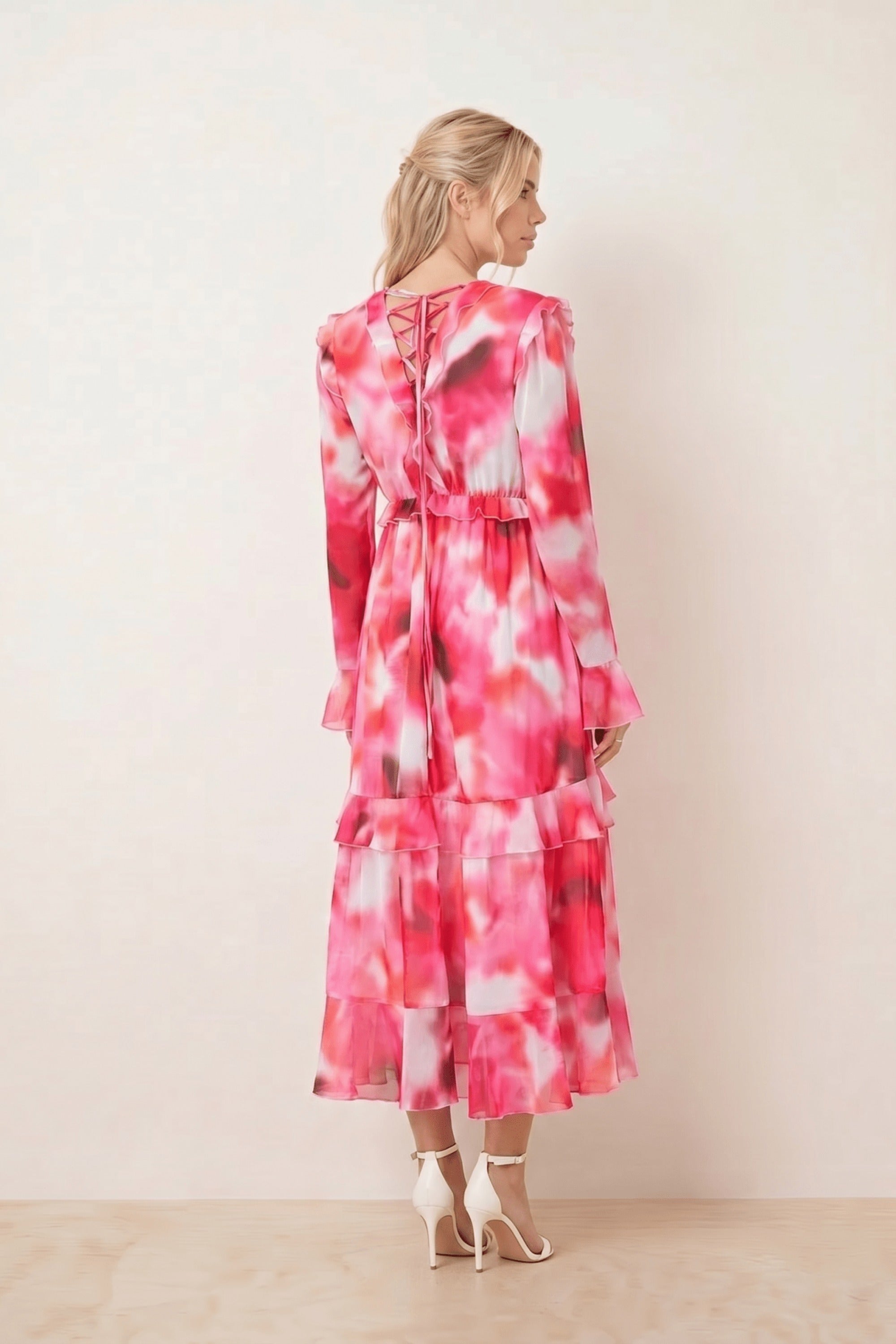 Birdie Frill Tie Back Dress / Pink Abstract - Style Cheat