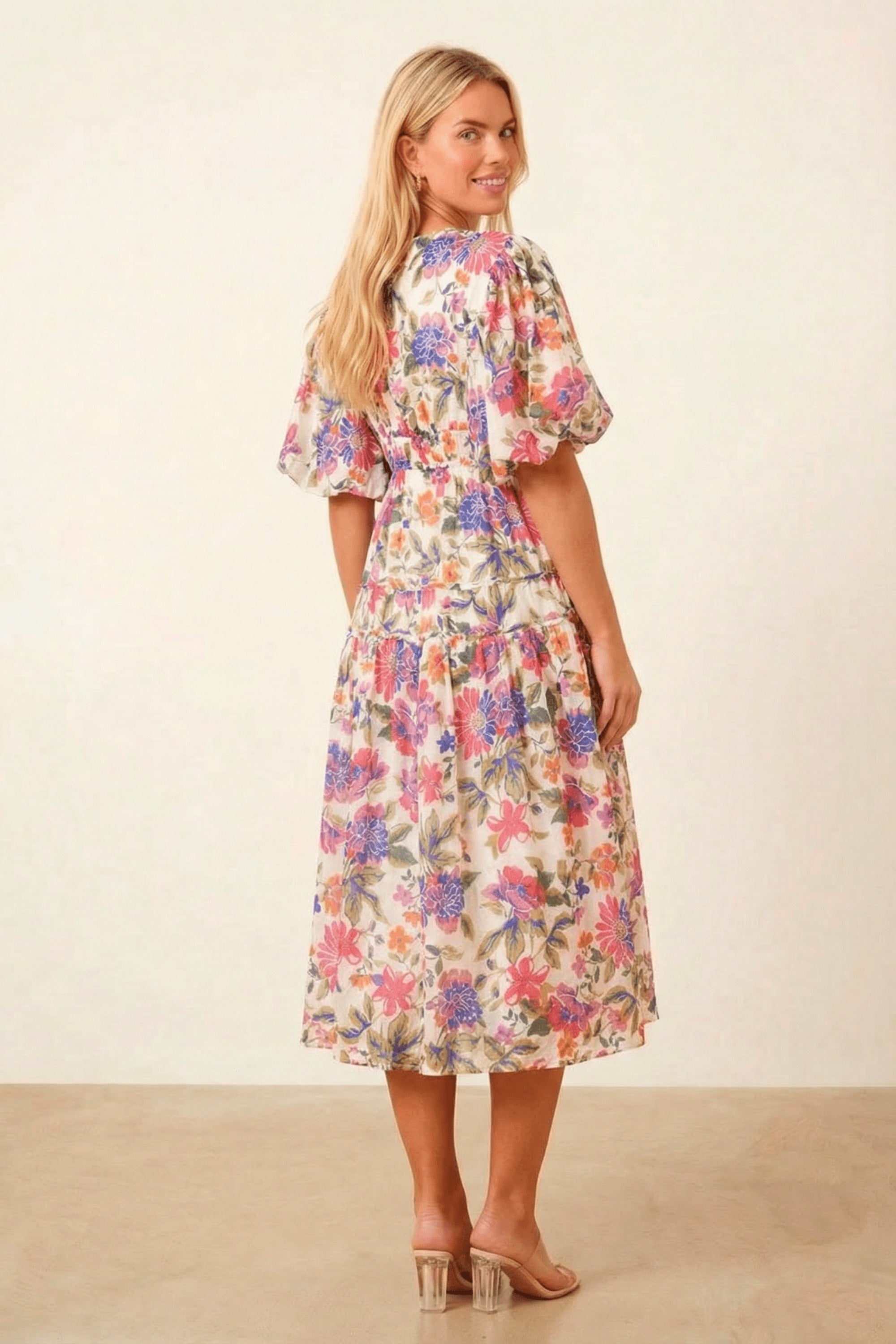 Puff Sleeve V Neck Midi Dress - Style Cheat