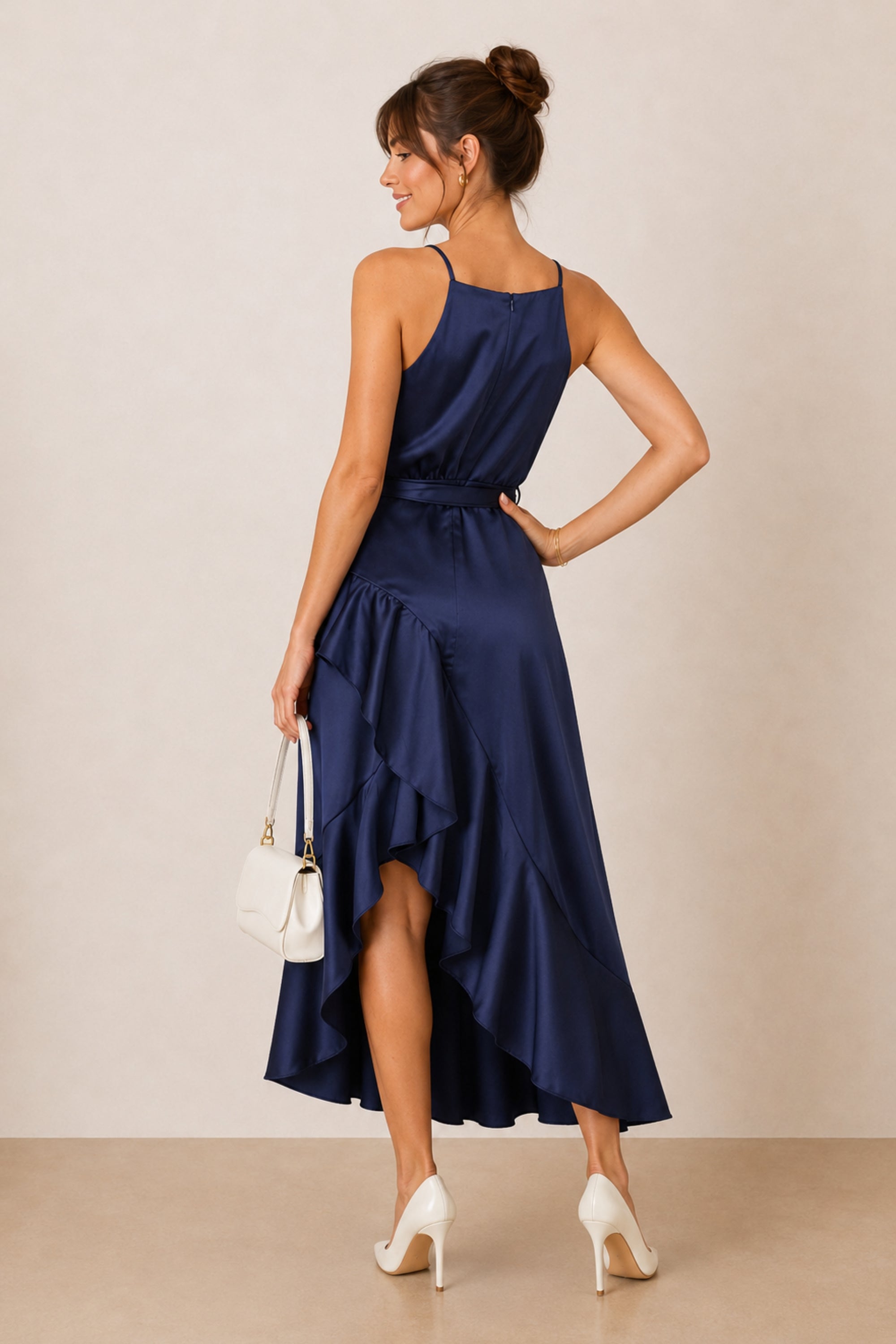 Halter Frill Satin Midi Dress / Navy