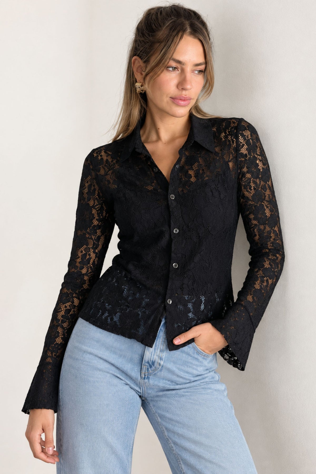 Lana Sheer Lace Shirt in Black