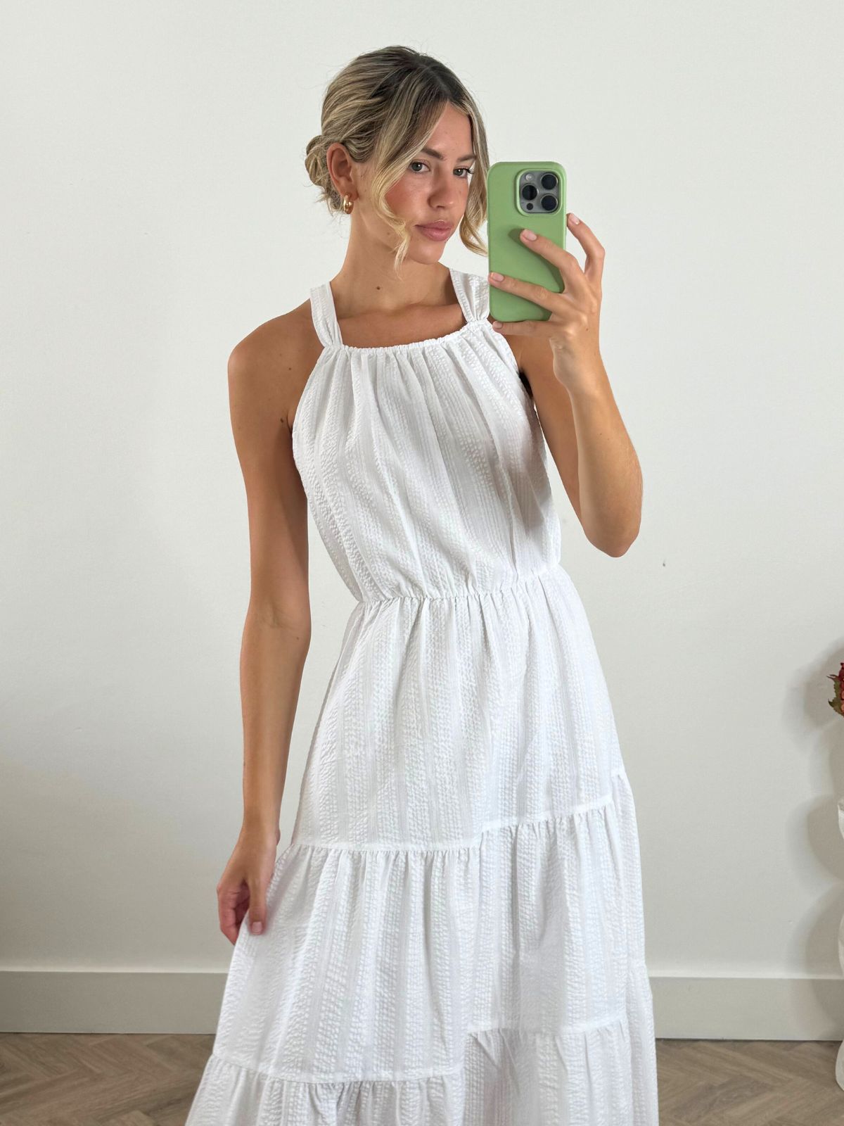 Aubrey Cross Back Midi Smock Dress in White