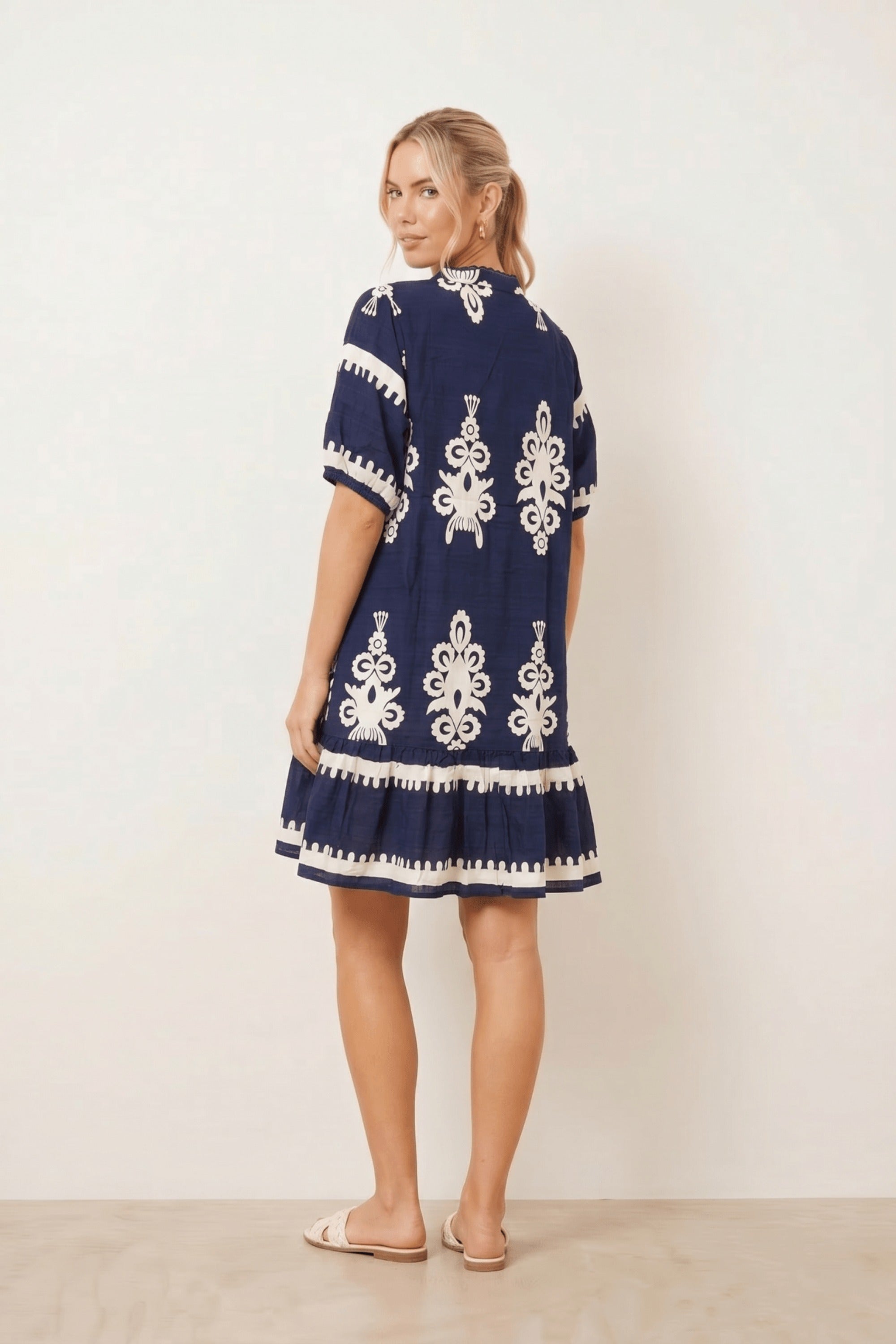 Navy and White Placement Print Mini Dress - Style Cheat
