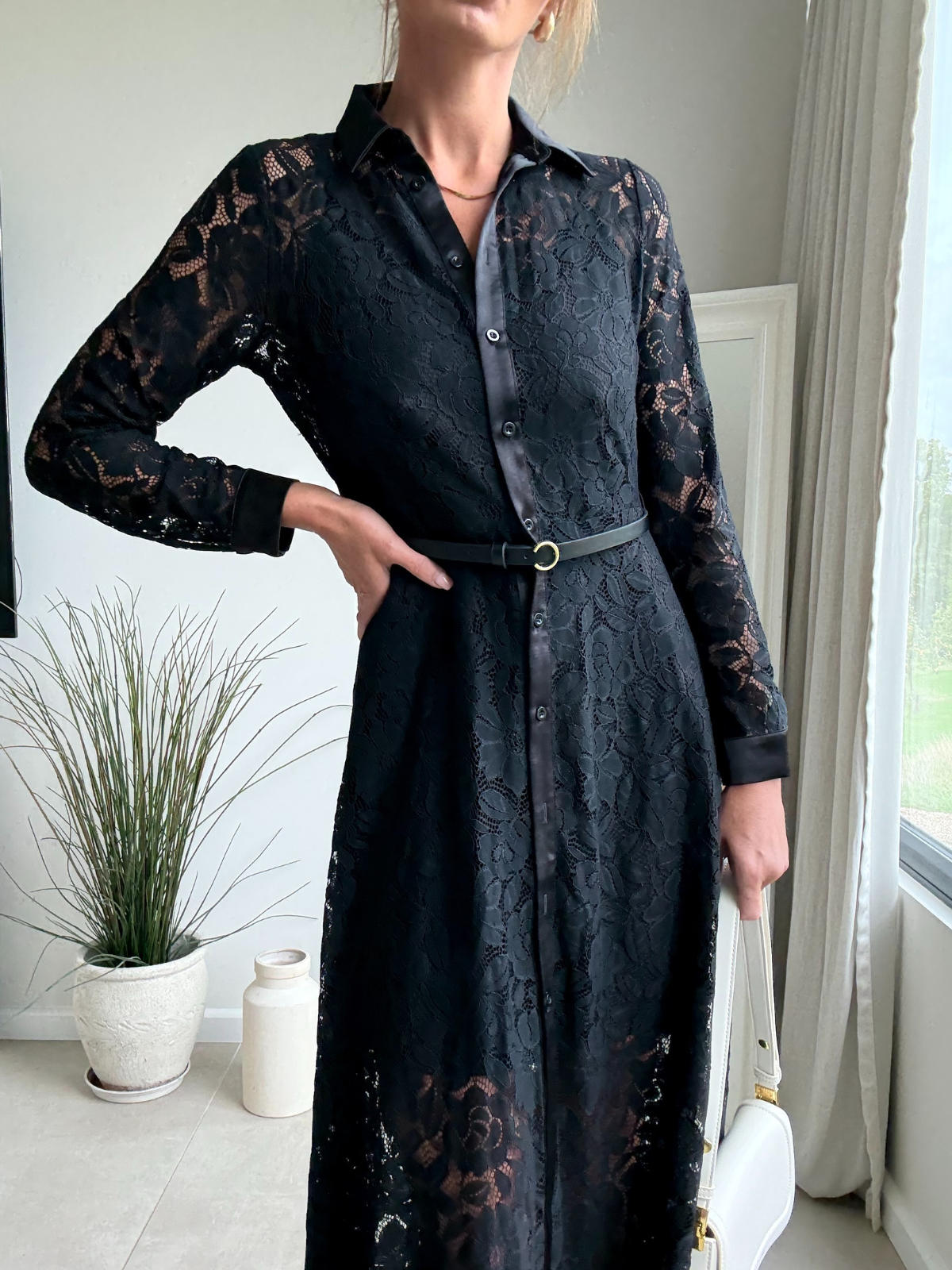Daphne Belted Shirt Dress / Black Lace