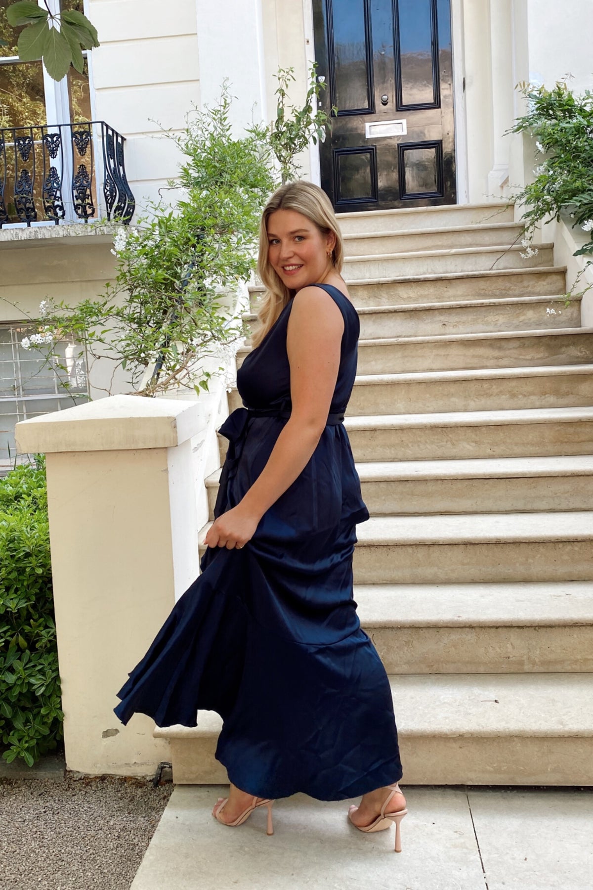 Orla Navy Satin Wrap Midi Dress