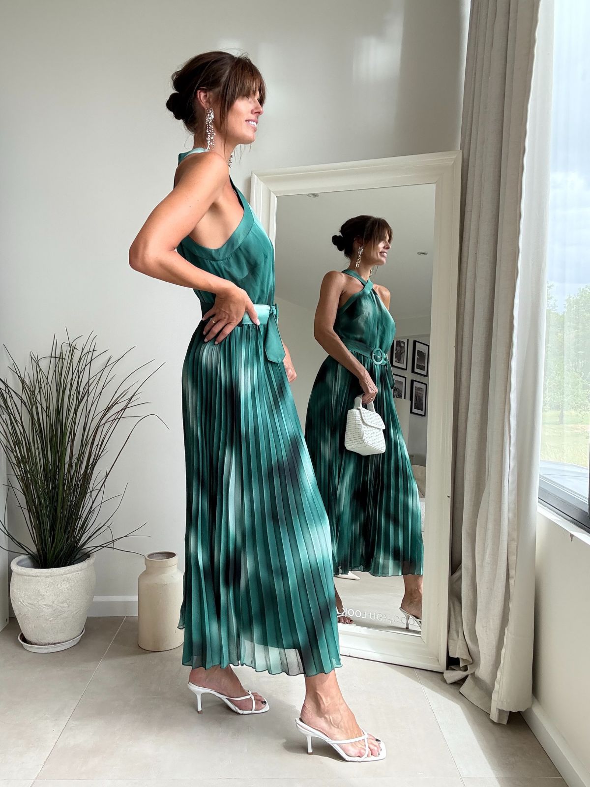 Paige Halter Pleated Belted Dress / Green Print