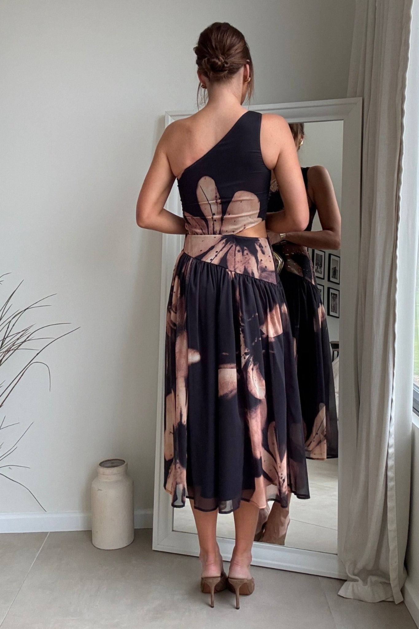 Jasmine Embellished Cut Out One Shoulder Dress in black and brown - Style Cheat