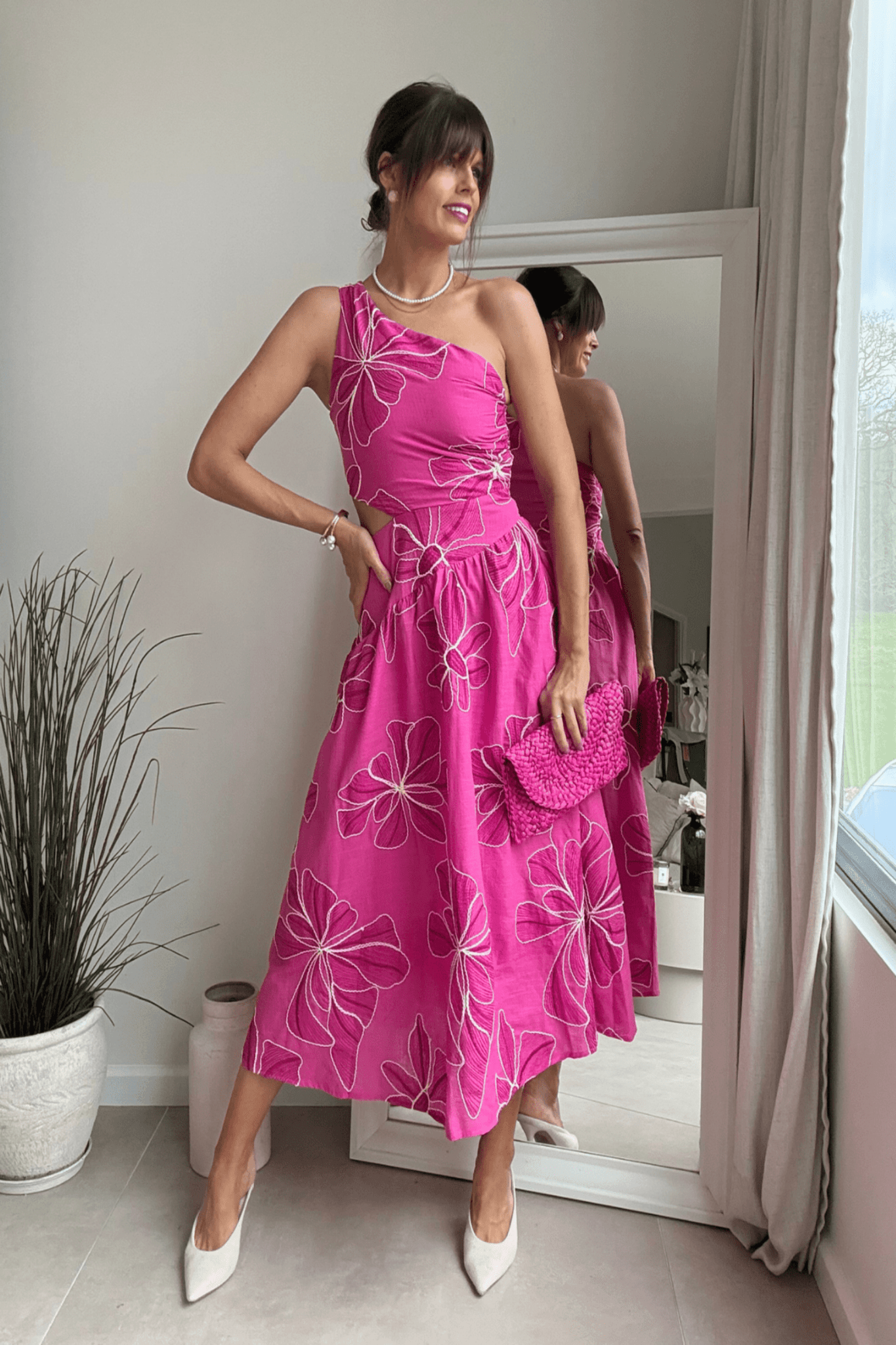 Jasmine Cut Out One Shoulder Dress in Pink Floral - Style Cheat