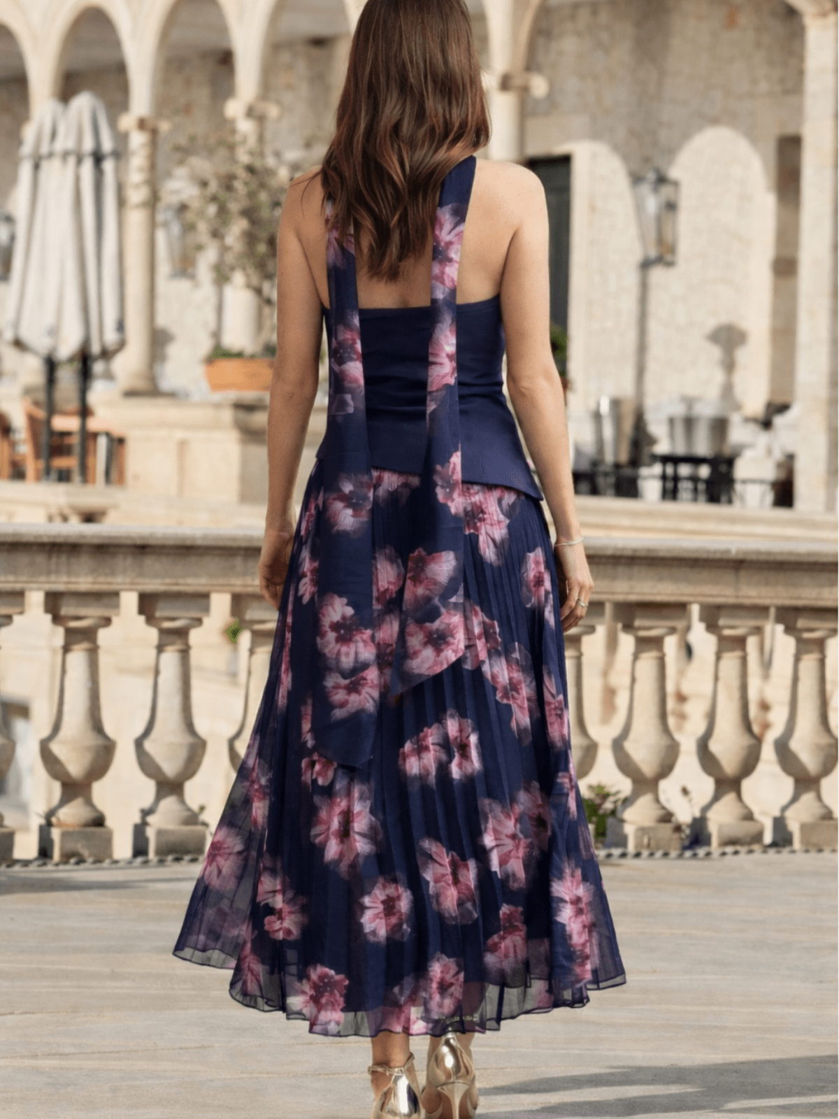 Viola Scarf Bandeau Pleat Dress in Navy