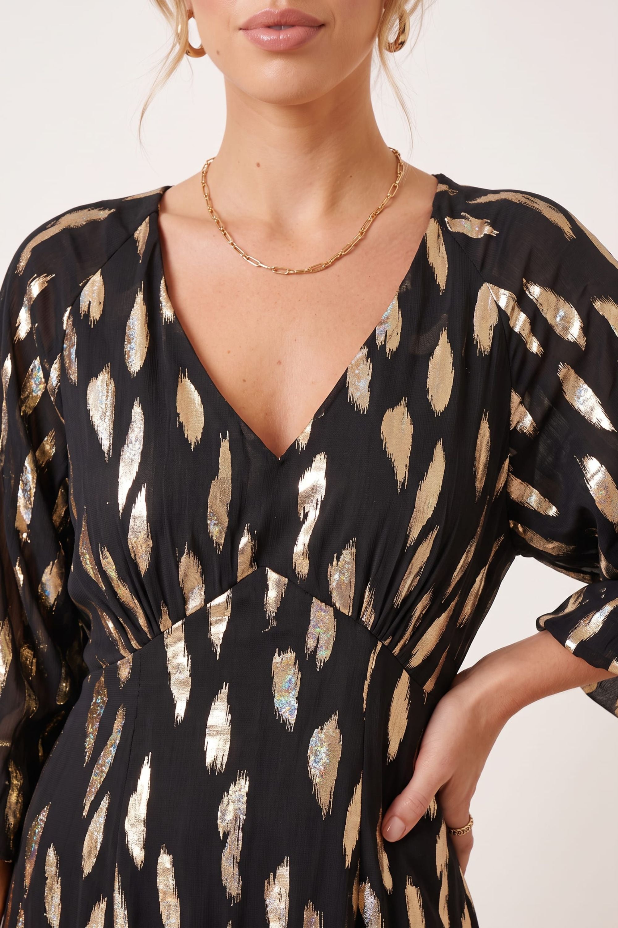 Gold Foil Midi Dress Black