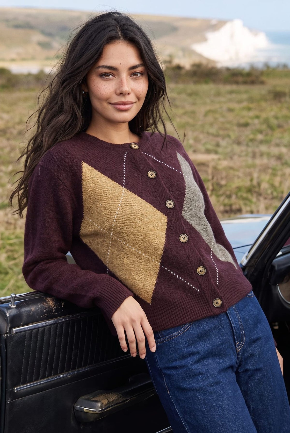 Dark Plum Argyle Knit Cardigan