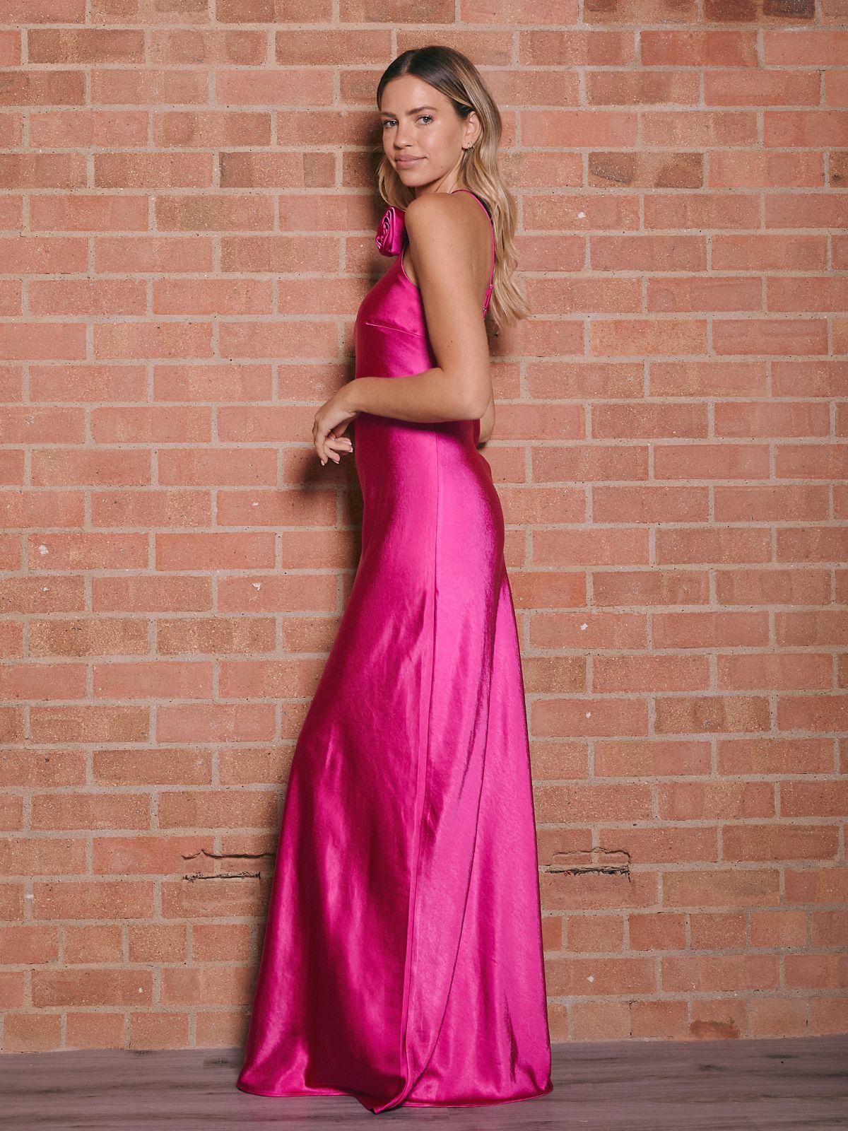 Corsage Detail Satin Maxi Dress / Hot Pink