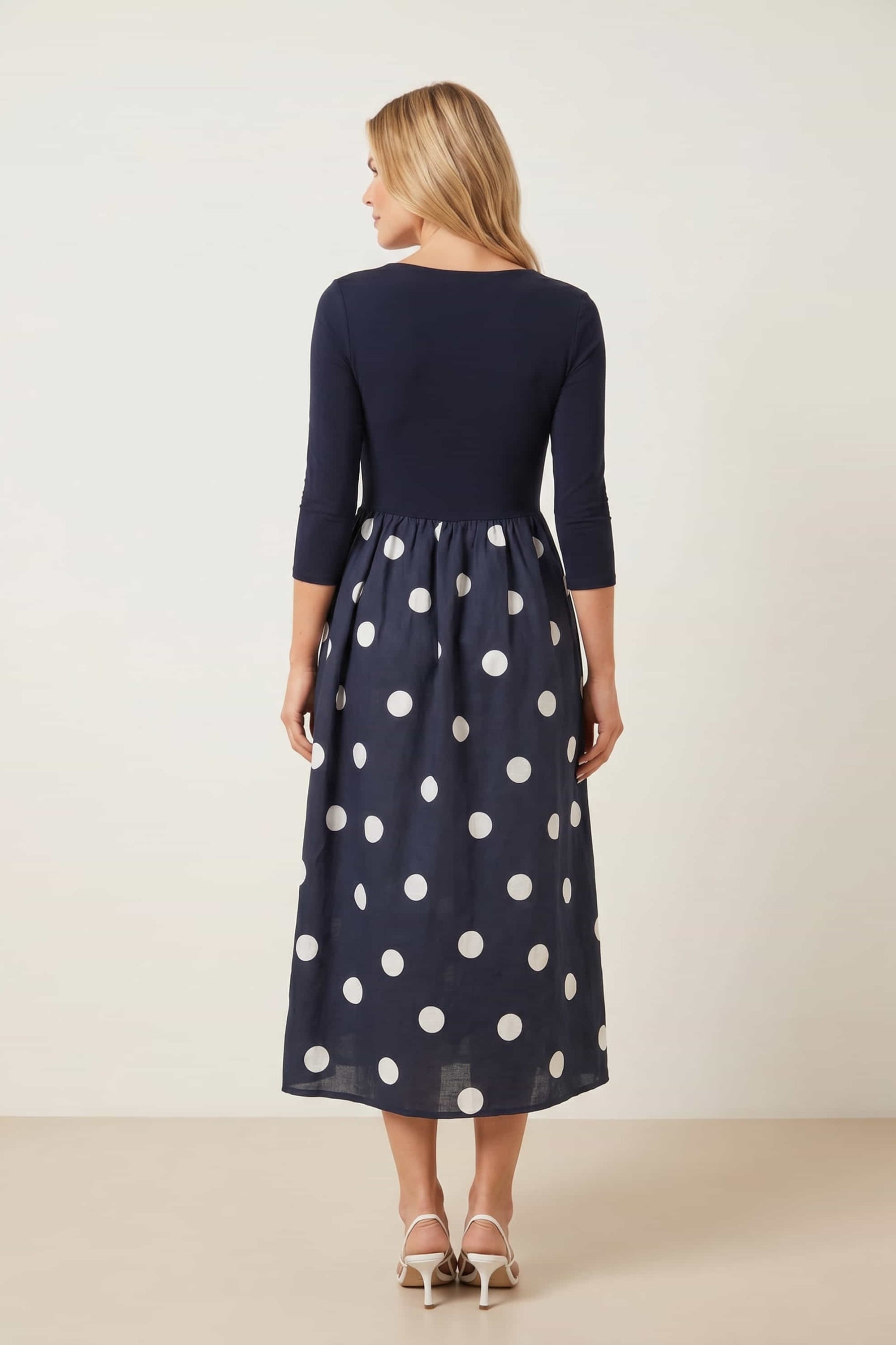Sadie Navy and Cream Polka Dot 3/4 Sleeve Dress – Style Cheat