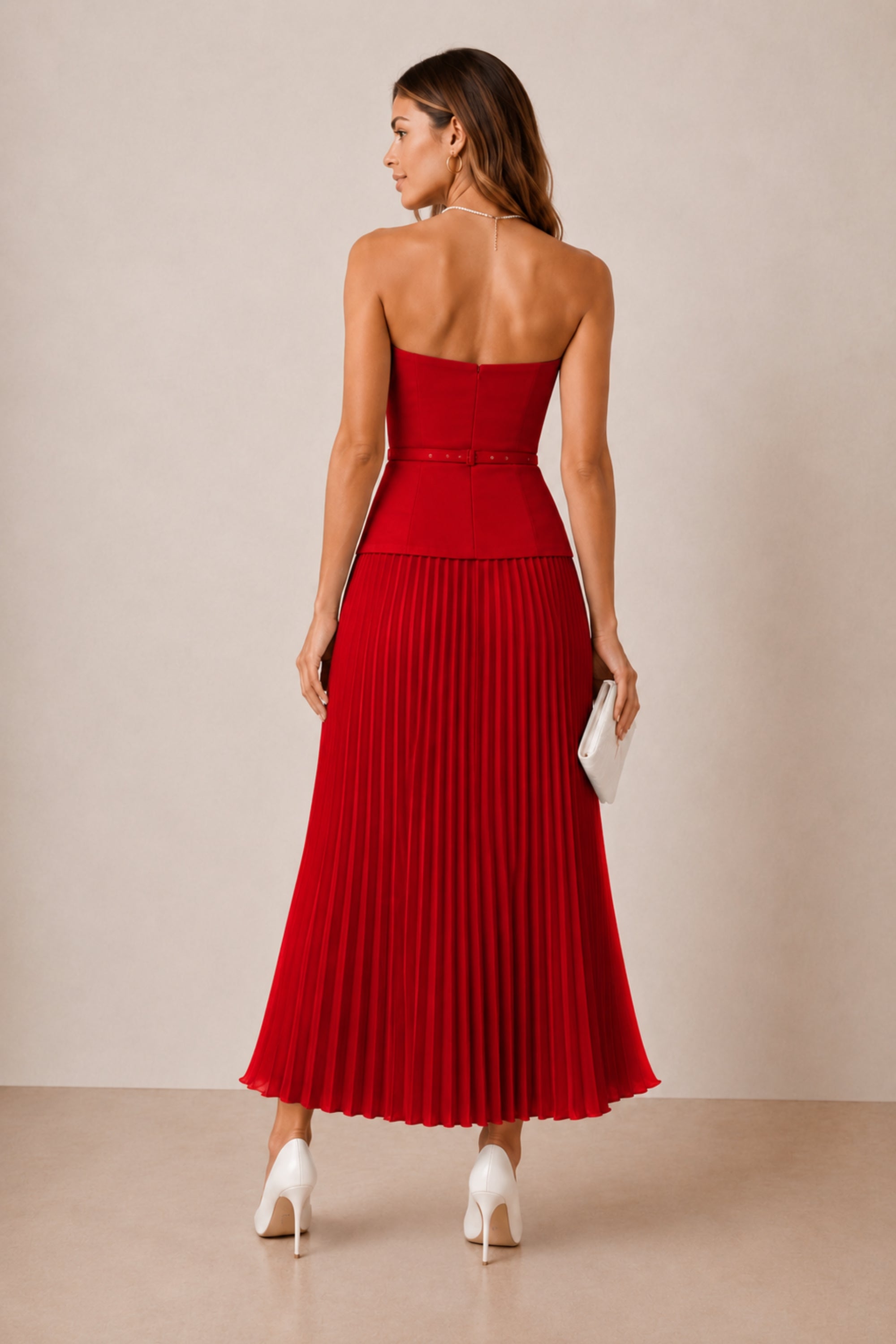 Anna Bandeau Pleat Dress in Red