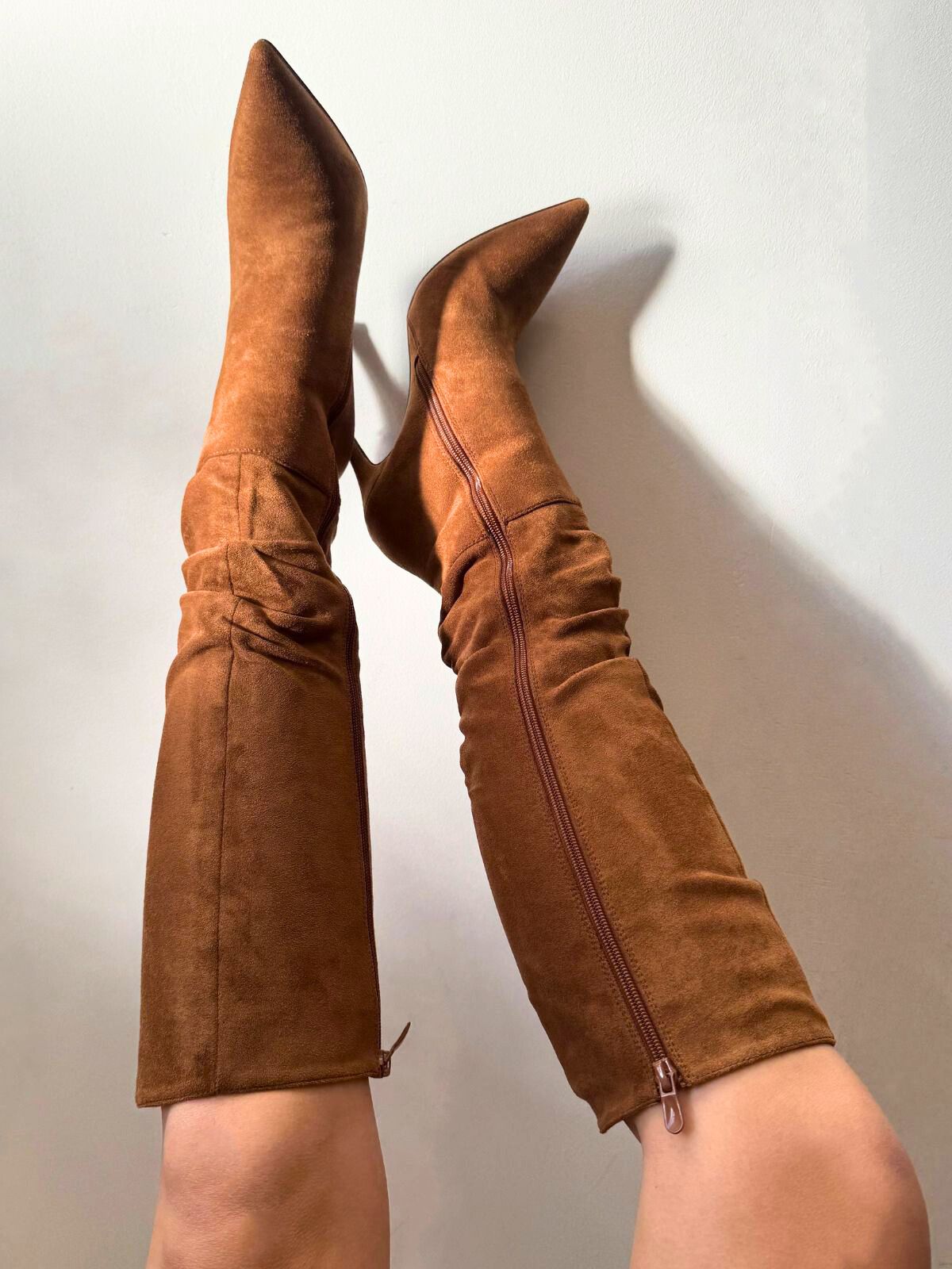 Stacey Knee High Suede Boots in Camel