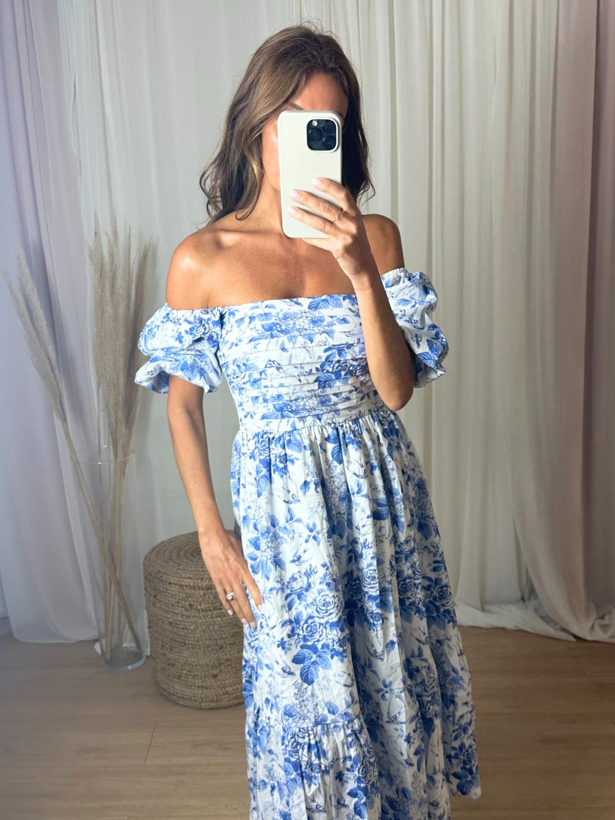 Leighton Puff Sleeve Midi Dress in Blue Floral