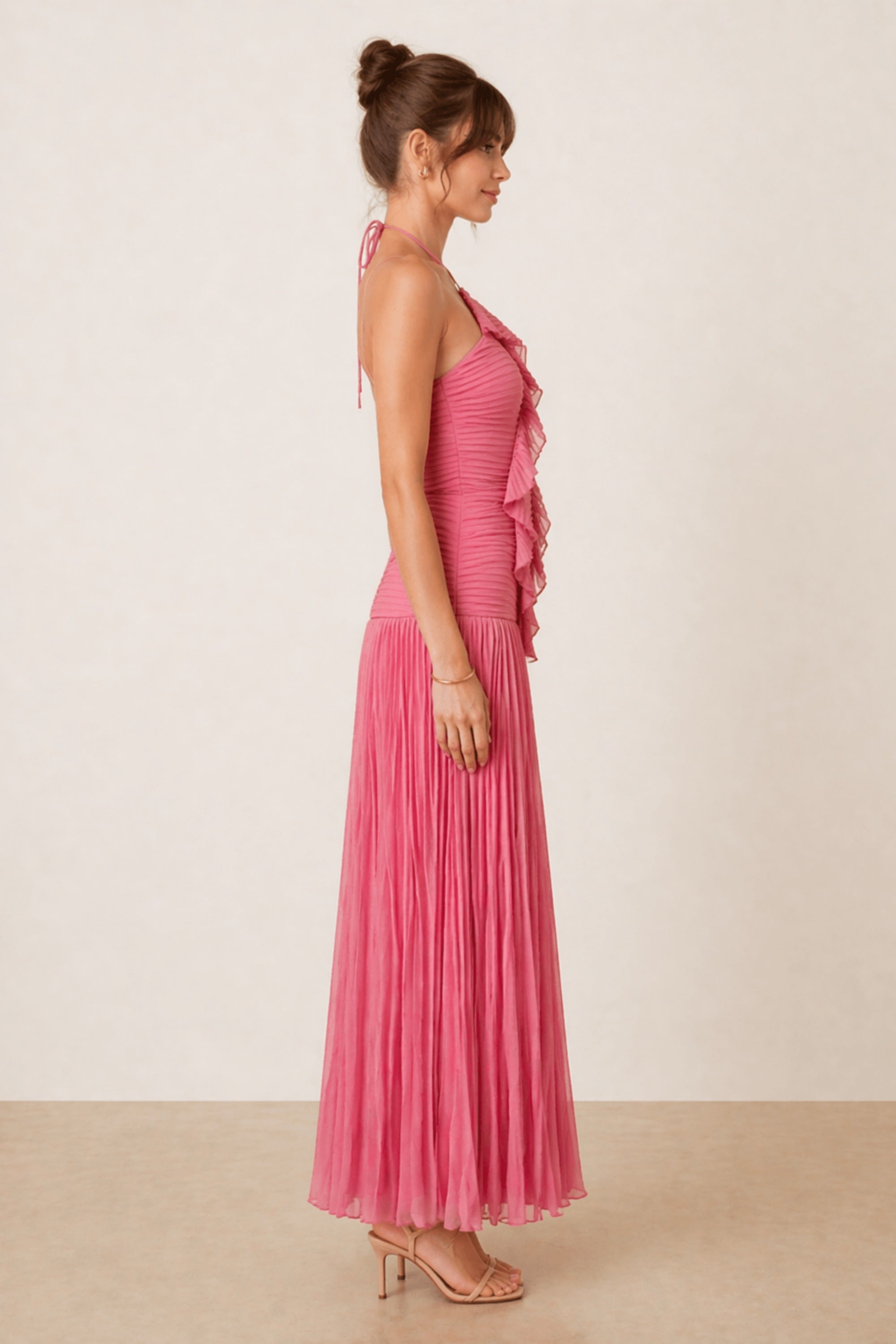 Pink Pleated Halter Maxi Dress - Style Cheat