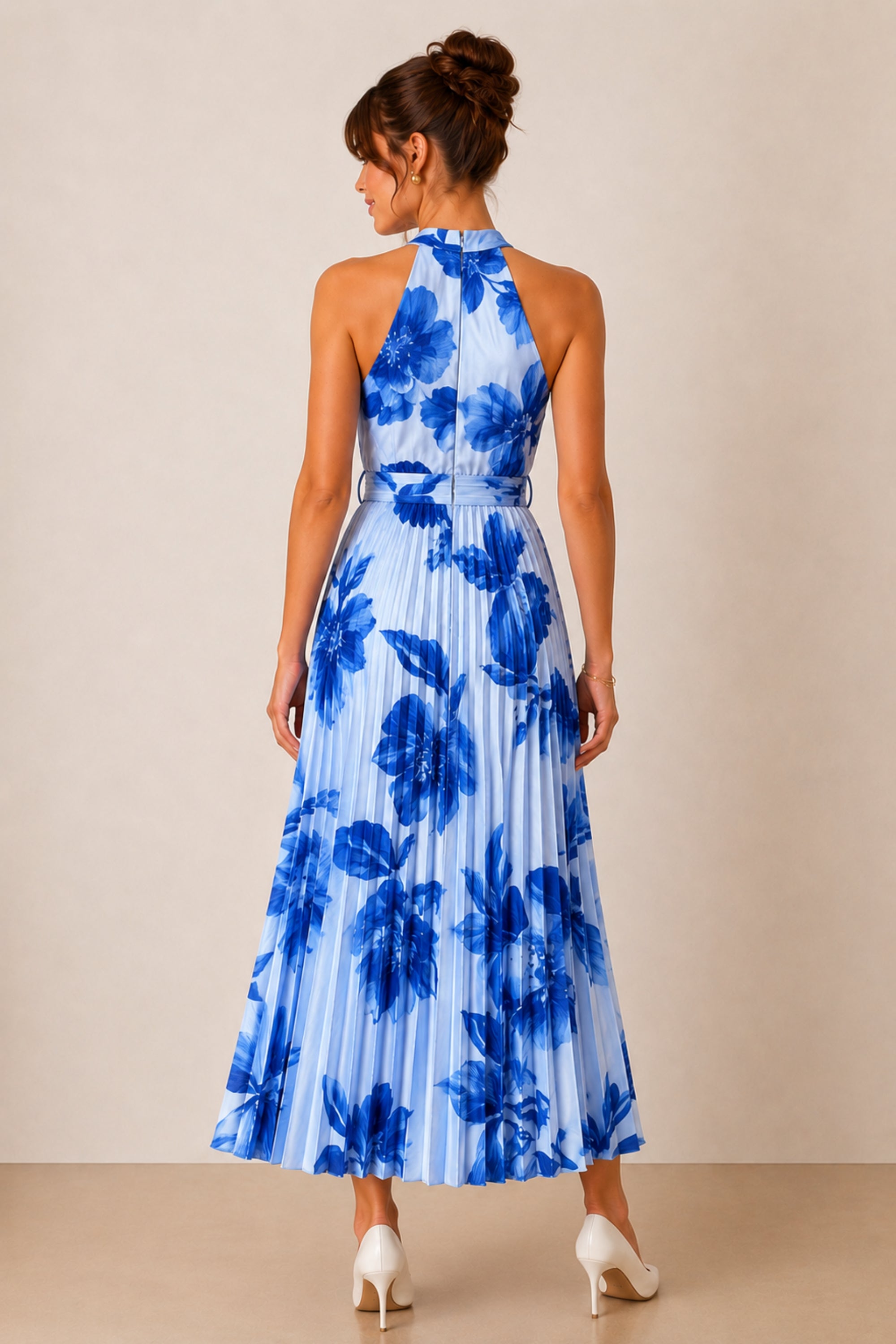 Paige Halter Pleated Belted Dress / Blue Floral