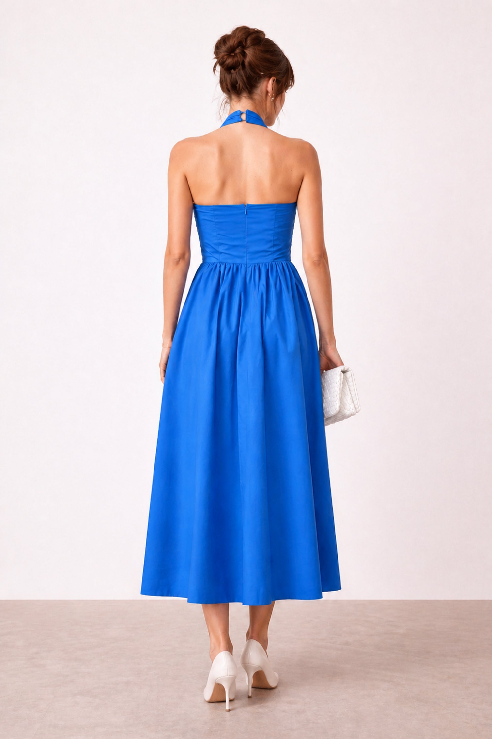Elsie Cotton Halter Midi fit and Flair Dress in Blue