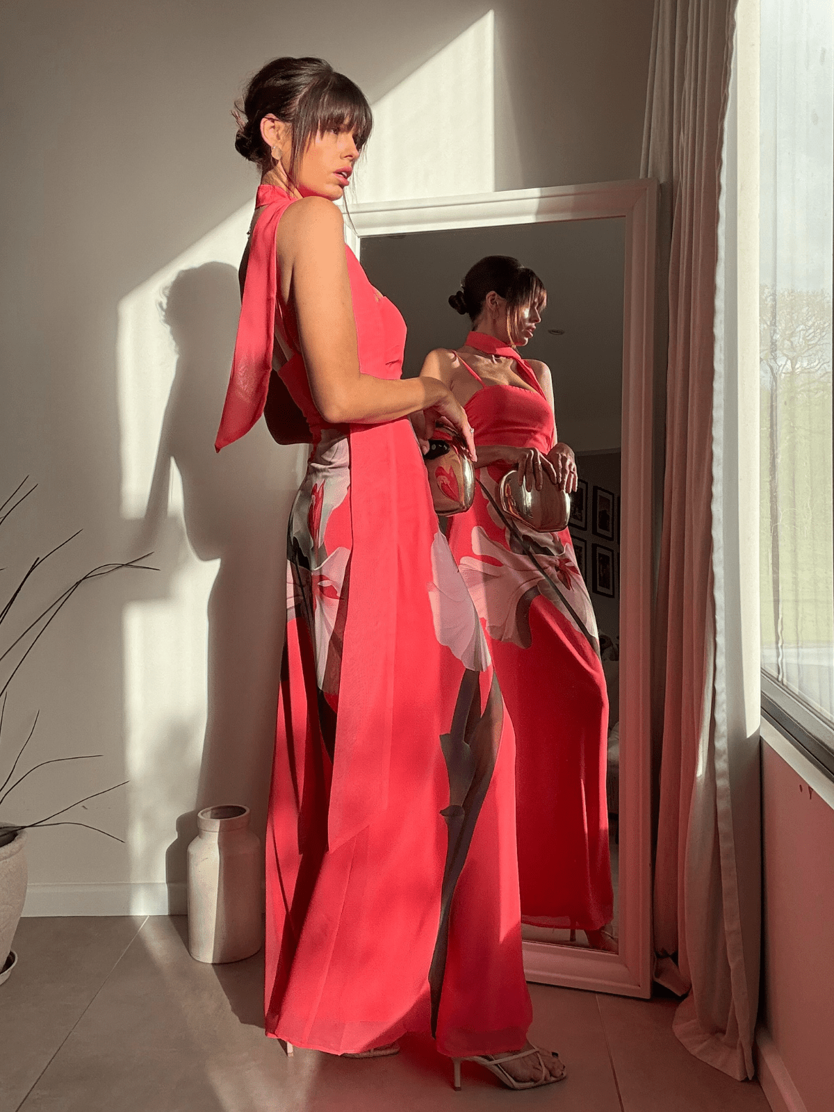 Peony Soft Satin Maxi with Scarf in Pink