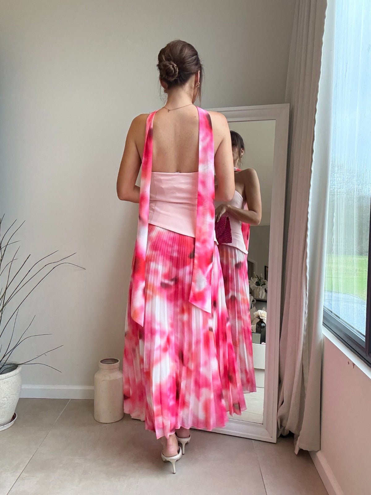 Viola Scarf Bandeau Pleat Dress in Pink - Style Cheat