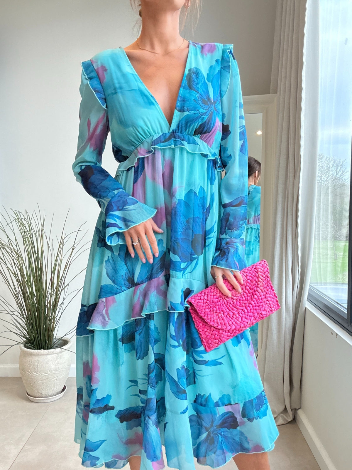 Birdie Frill Tie Back Dress / Blue Floral