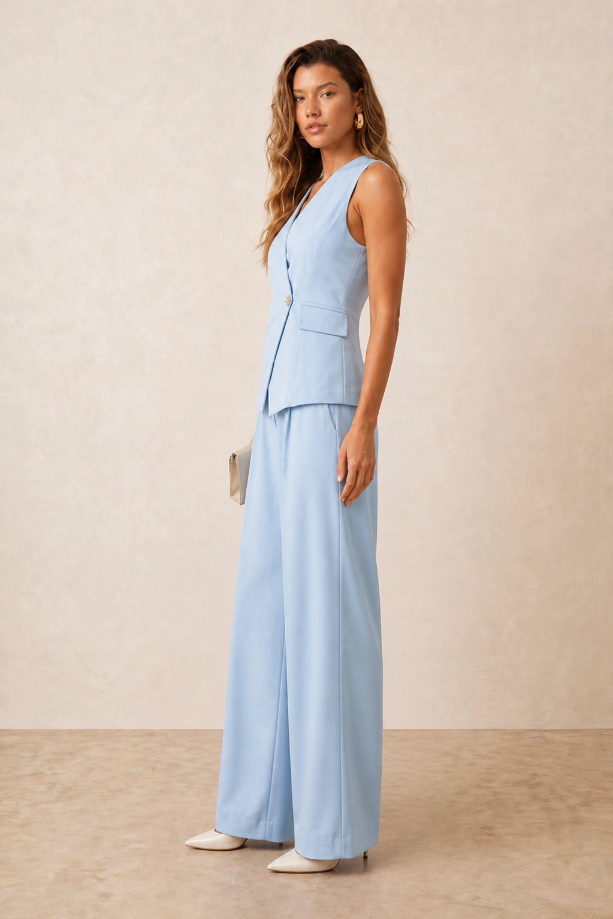 Pastel Blue V Neck Waistcoat with Gold Button
